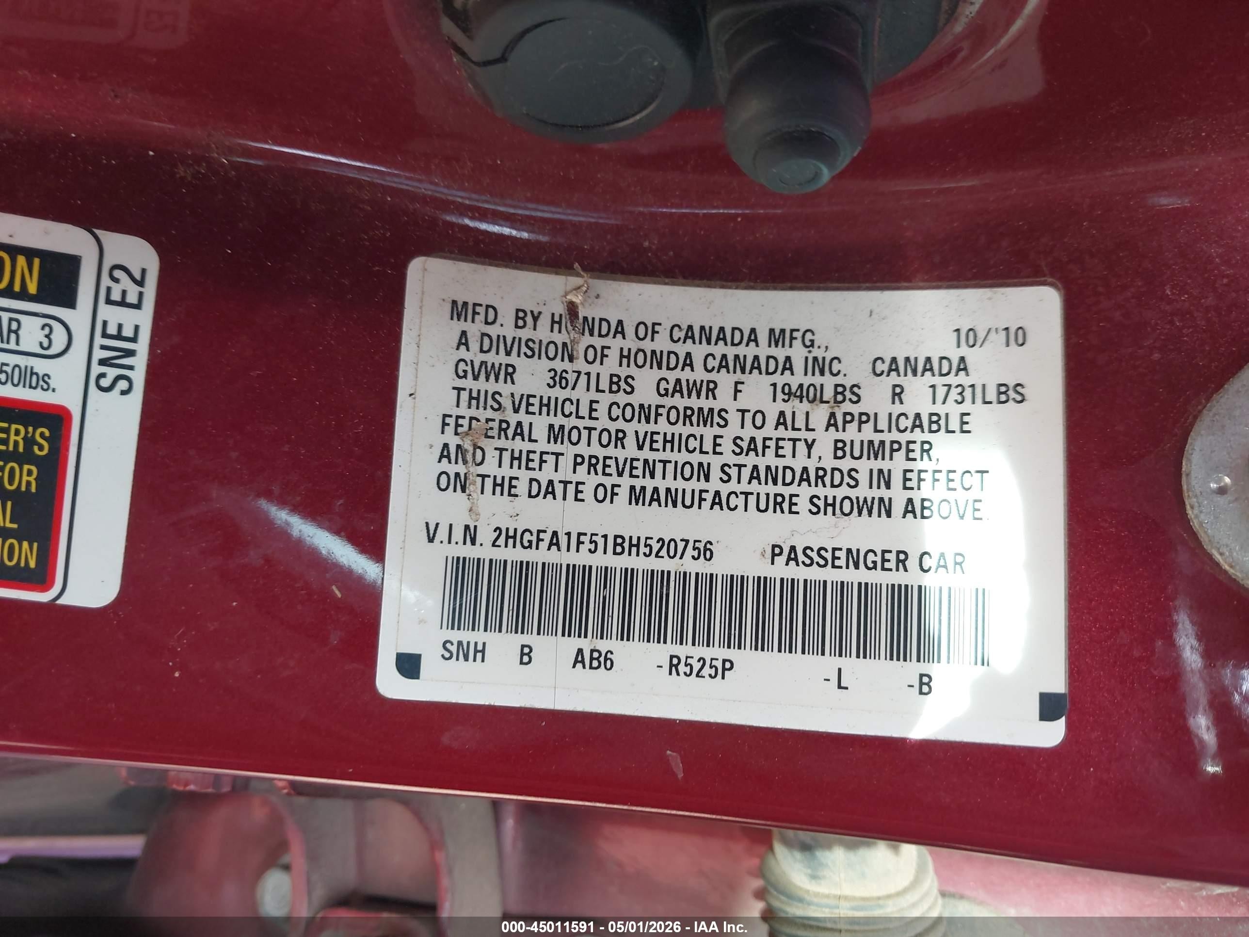 2011 Honda Civic Lx Red vin: 2HGFA1F51BH520756