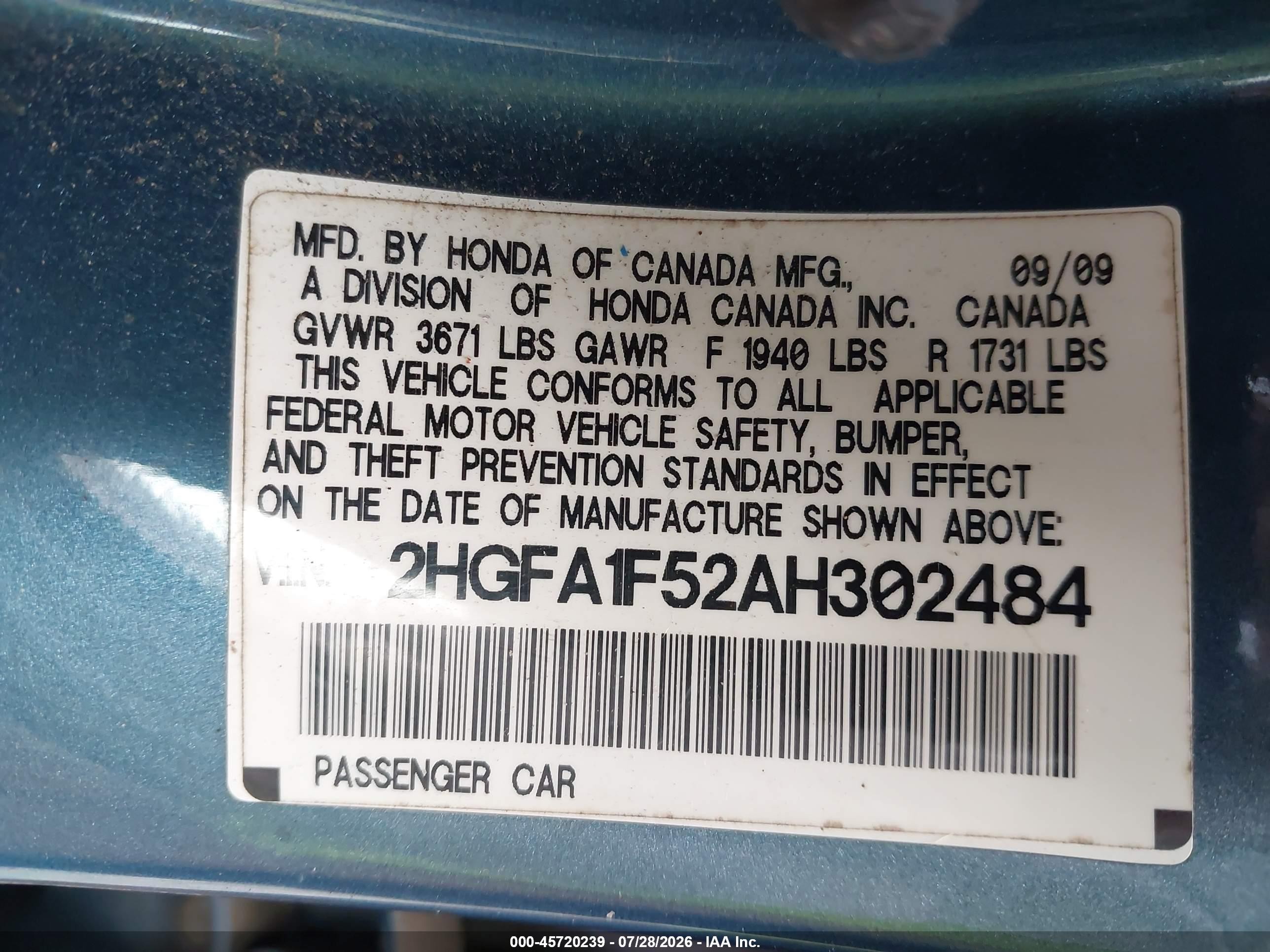 2010 Honda Civic Lx Blue vin: 2HGFA1F52AH302484