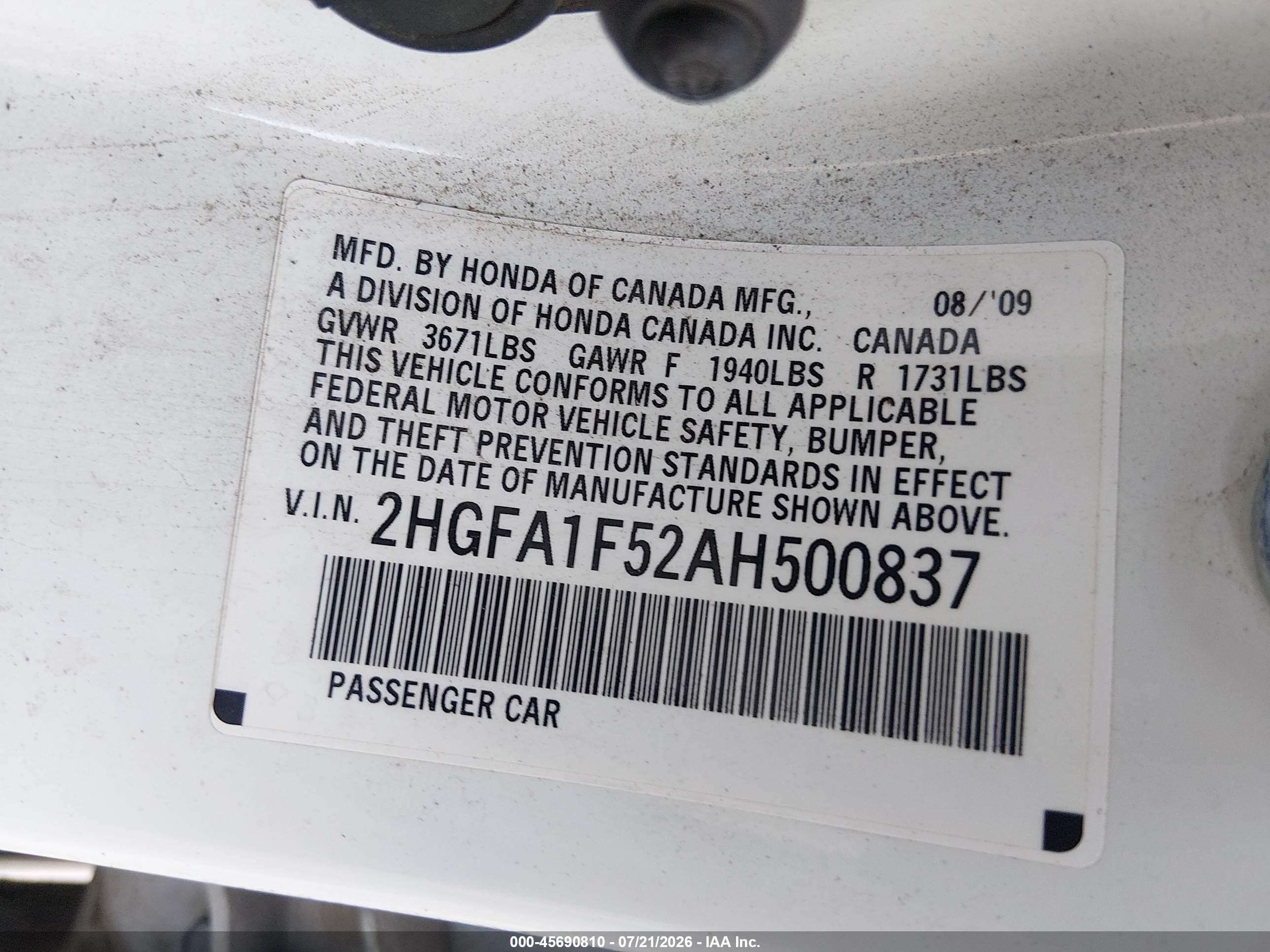 2010 Honda Civic Lx White vin: 2HGFA1F52AH500837
