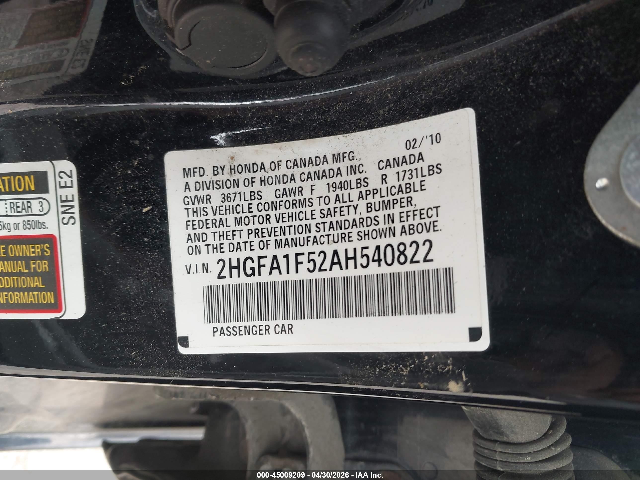 2010 Honda Civic Lx Black vin: 2HGFA1F52AH540822