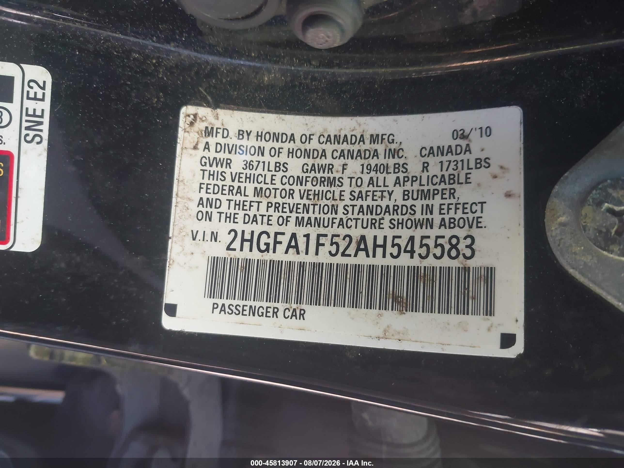 2010 Honda Civic Lx Black vin: 2HGFA1F52AH545583