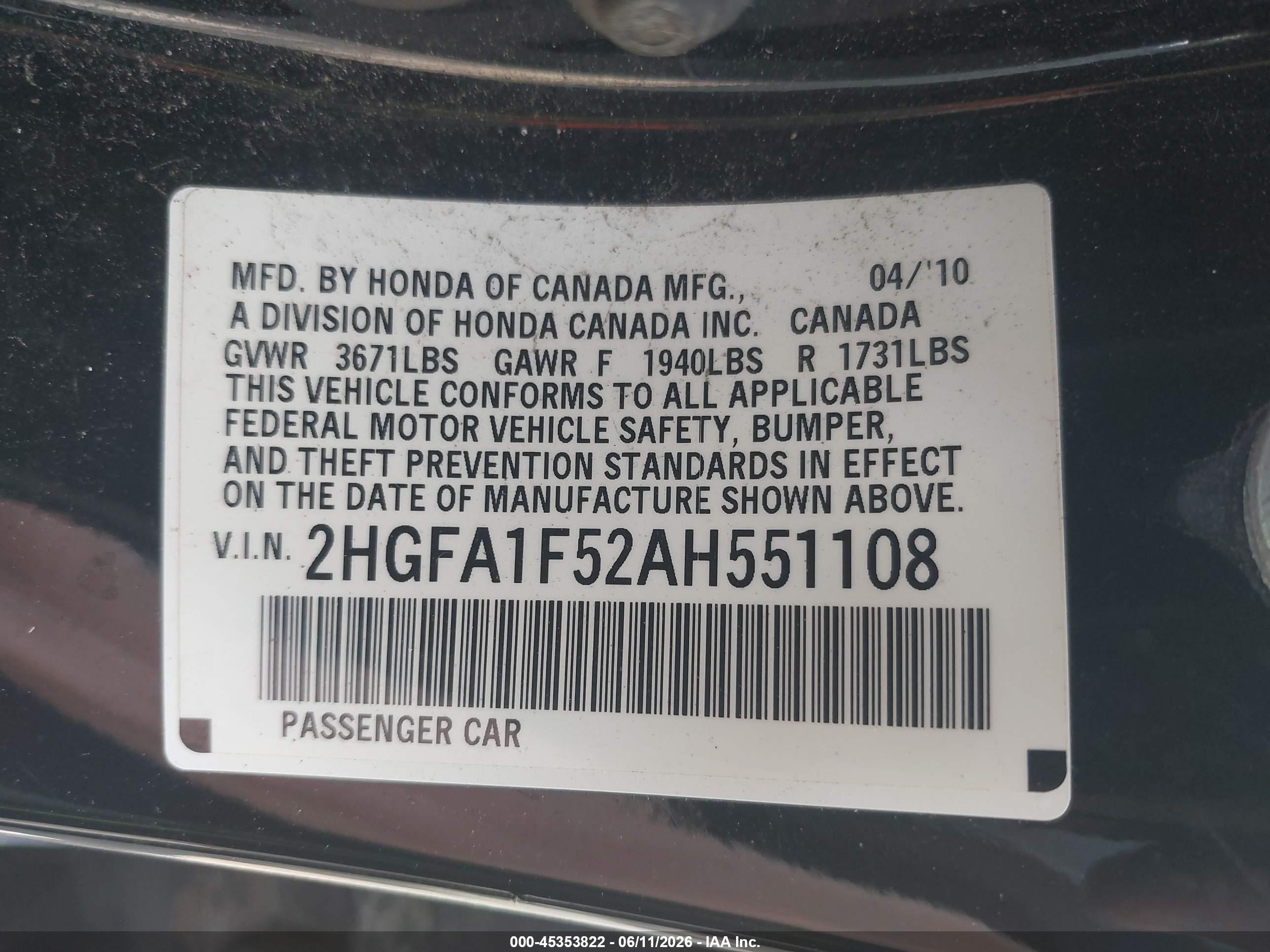 2010 Honda Civic Lx Black vin: 2HGFA1F52AH551108