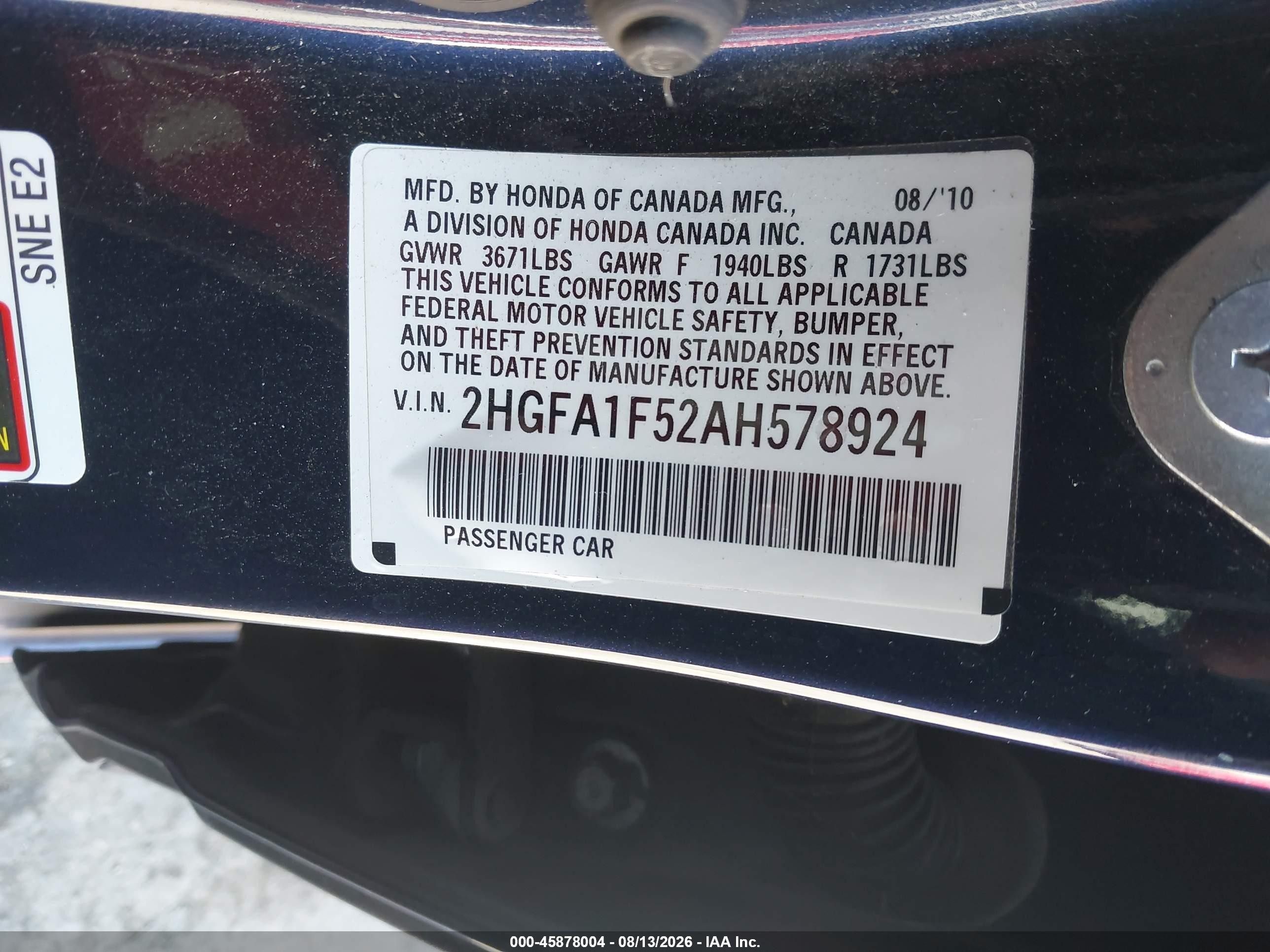 2010 Honda Civic Lx Dark Blue vin: 2HGFA1F52AH578924
