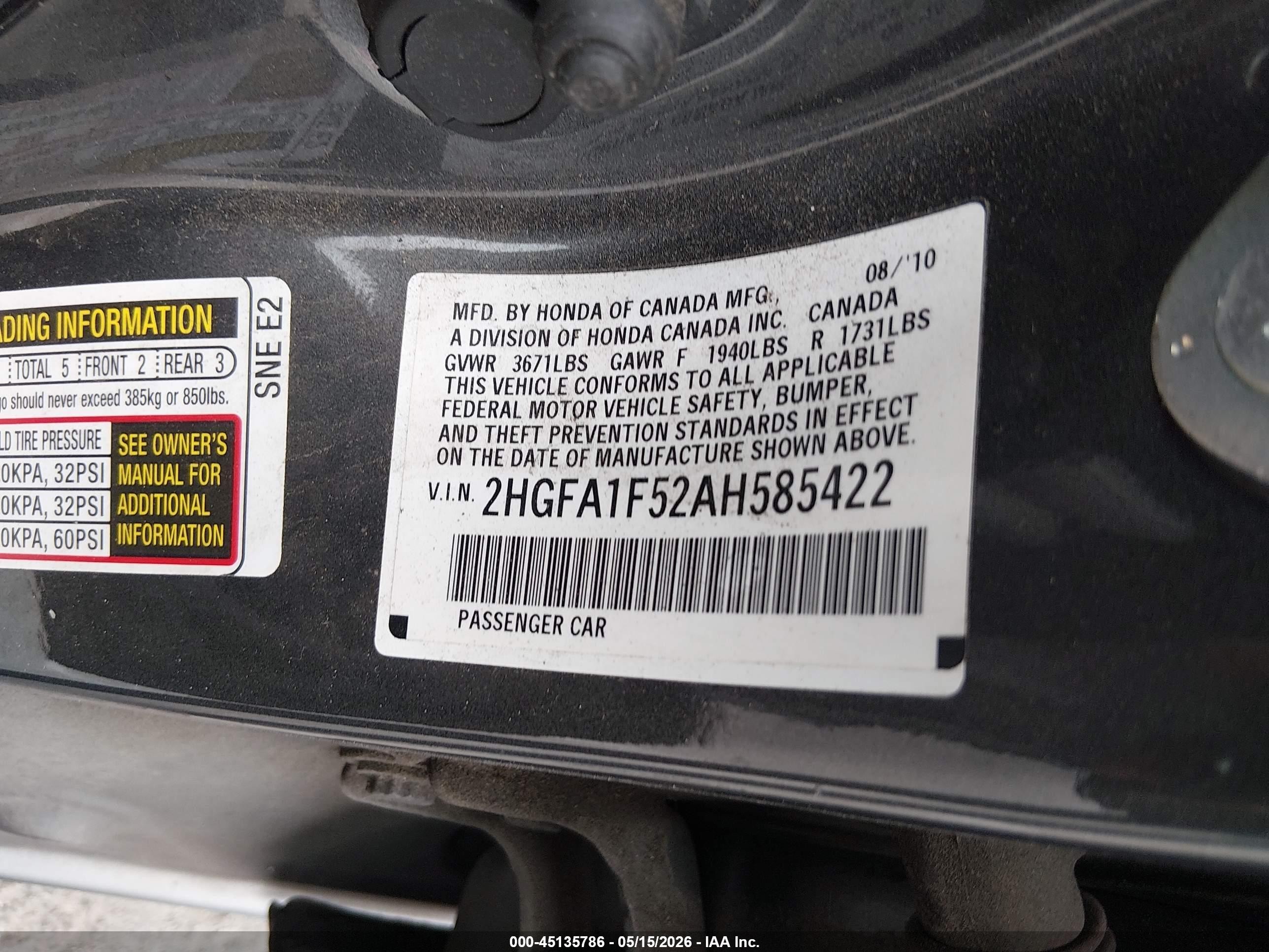 2010 Honda Civic Lx Gray vin: 2HGFA1F52AH585422