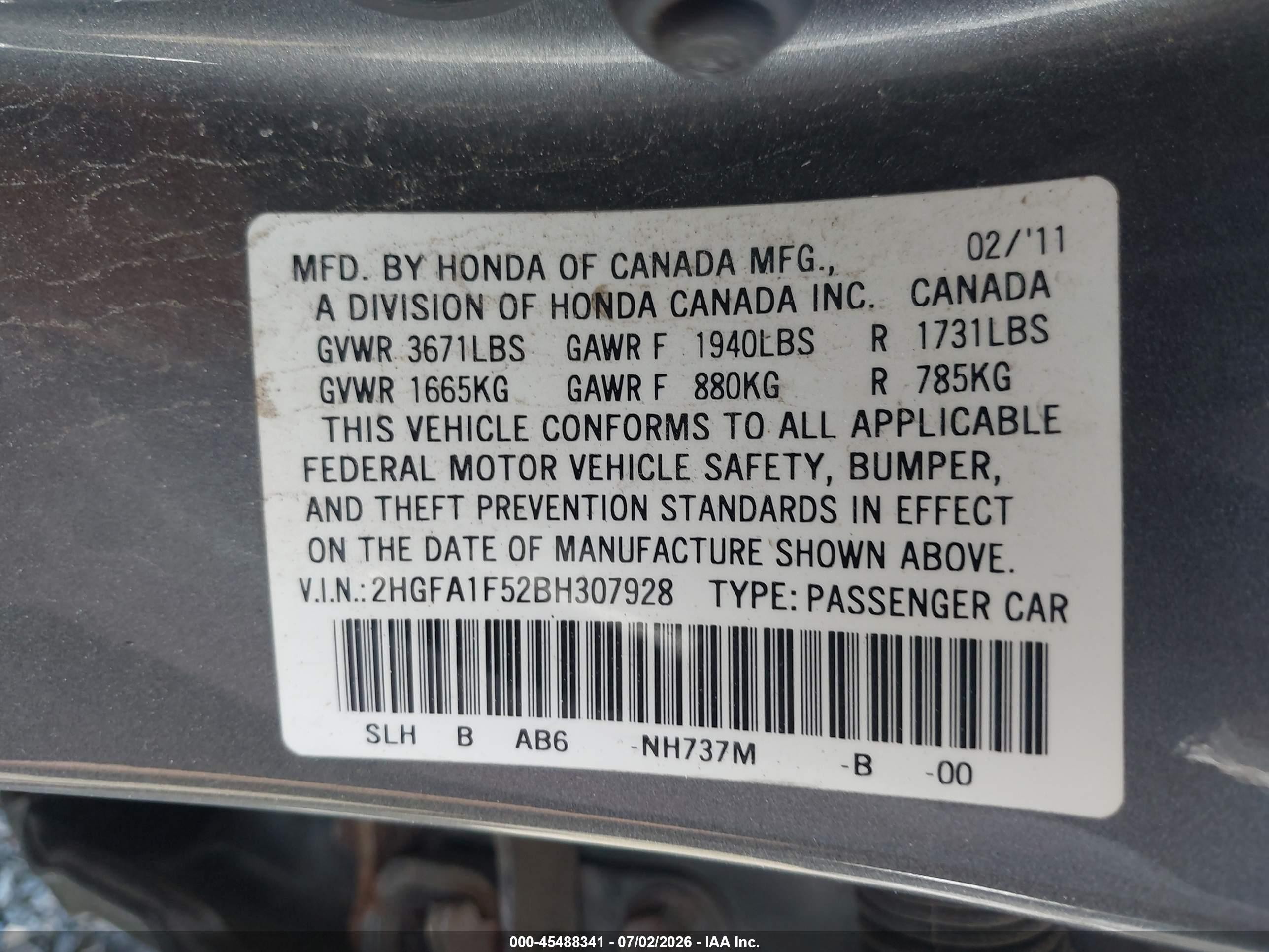 2011 Honda Civic Lx Gray vin: 2HGFA1F52BH307928
