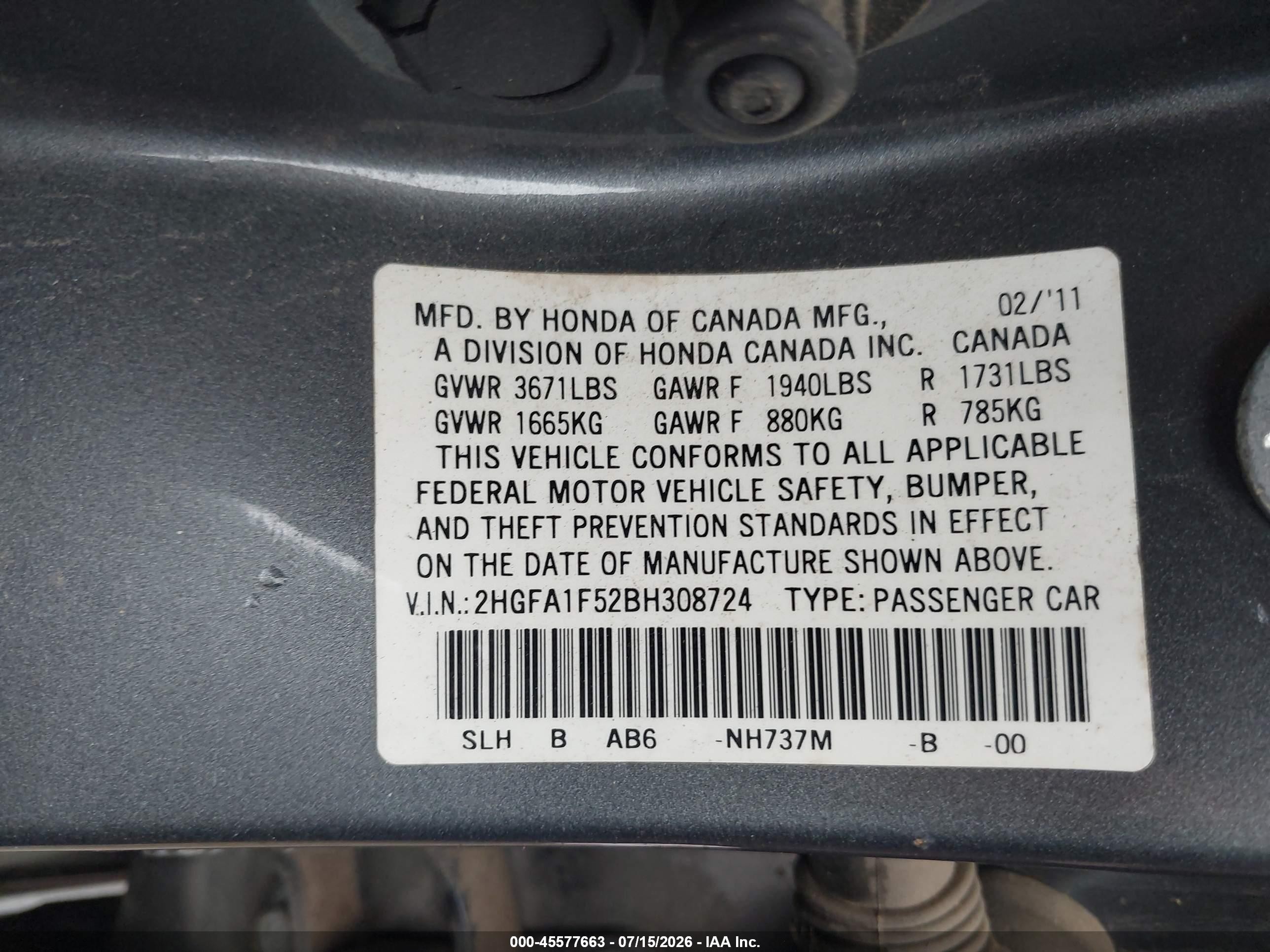 2011 Honda Civic Lx Gray vin: 2HGFA1F52BH308724