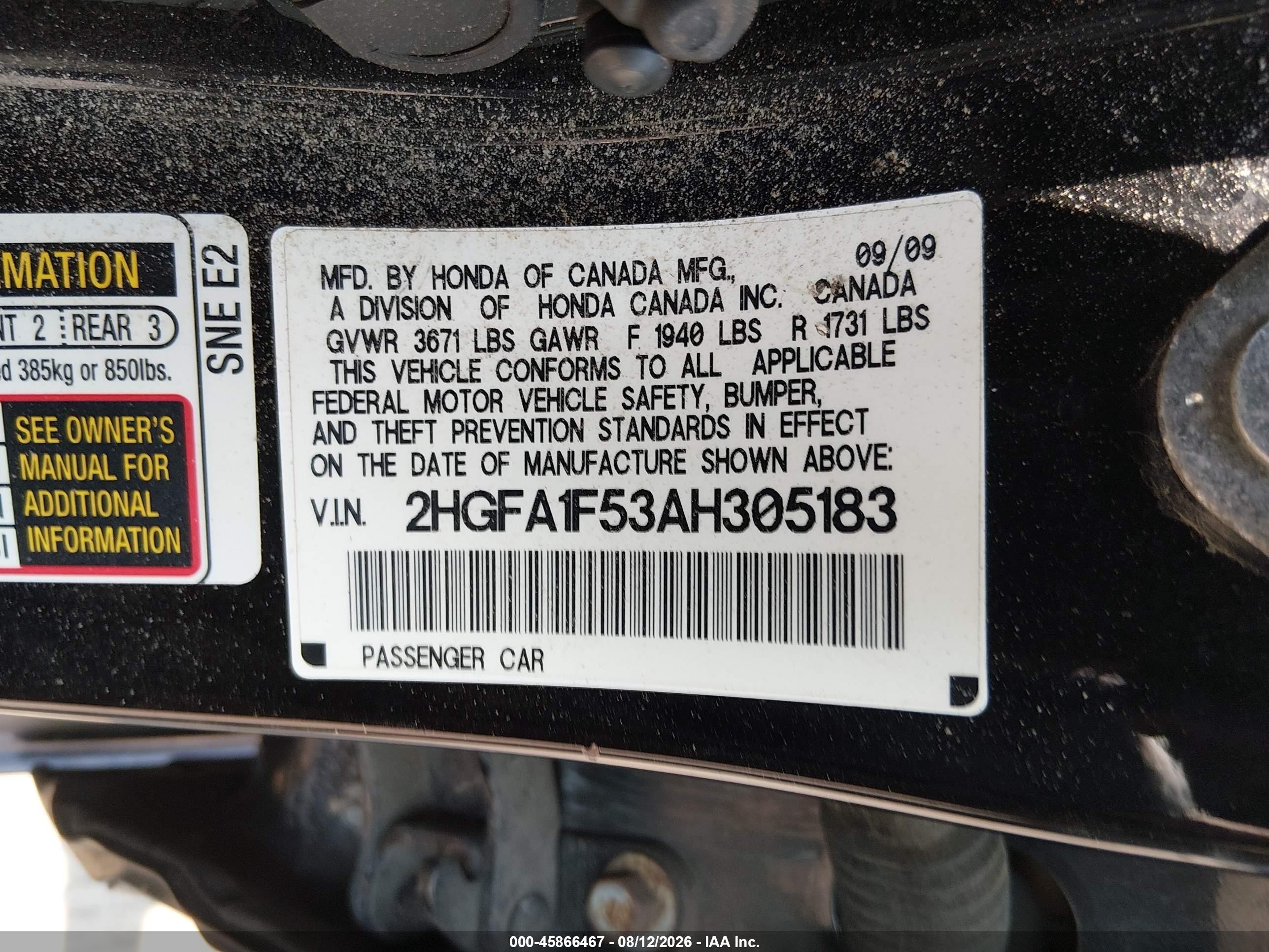 2010 Honda Civic Lx Black vin: 2HGFA1F53AH305183