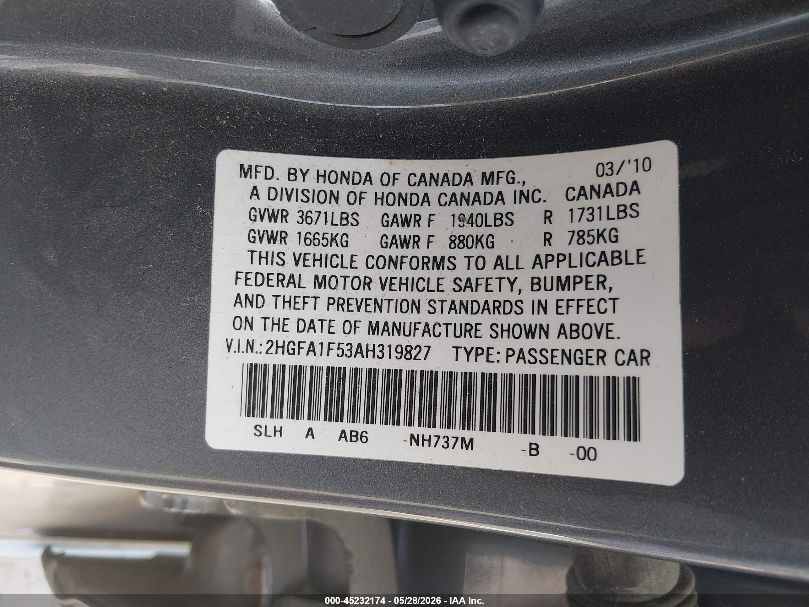2010 Honda Civic Lx Blue vin: 2HGFA1F53AH319827