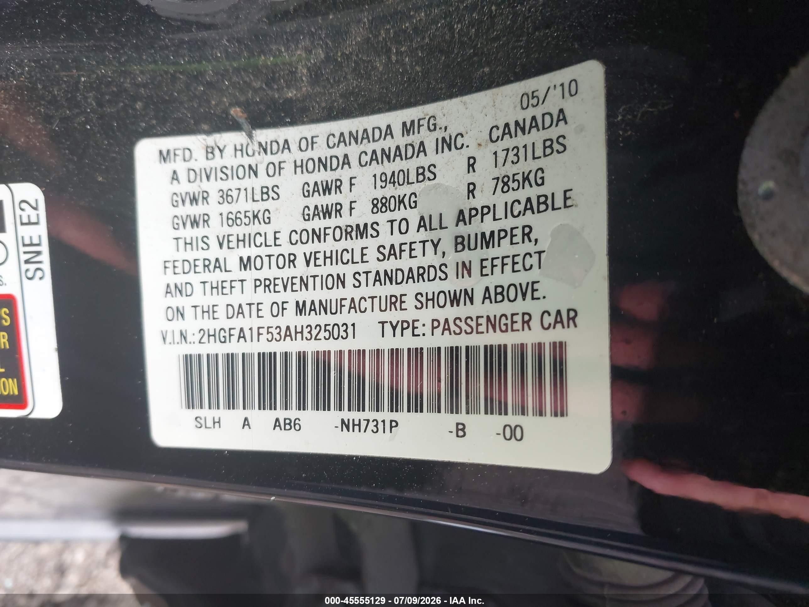 2010 Honda Civic Lx Black vin: 2HGFA1F53AH325031