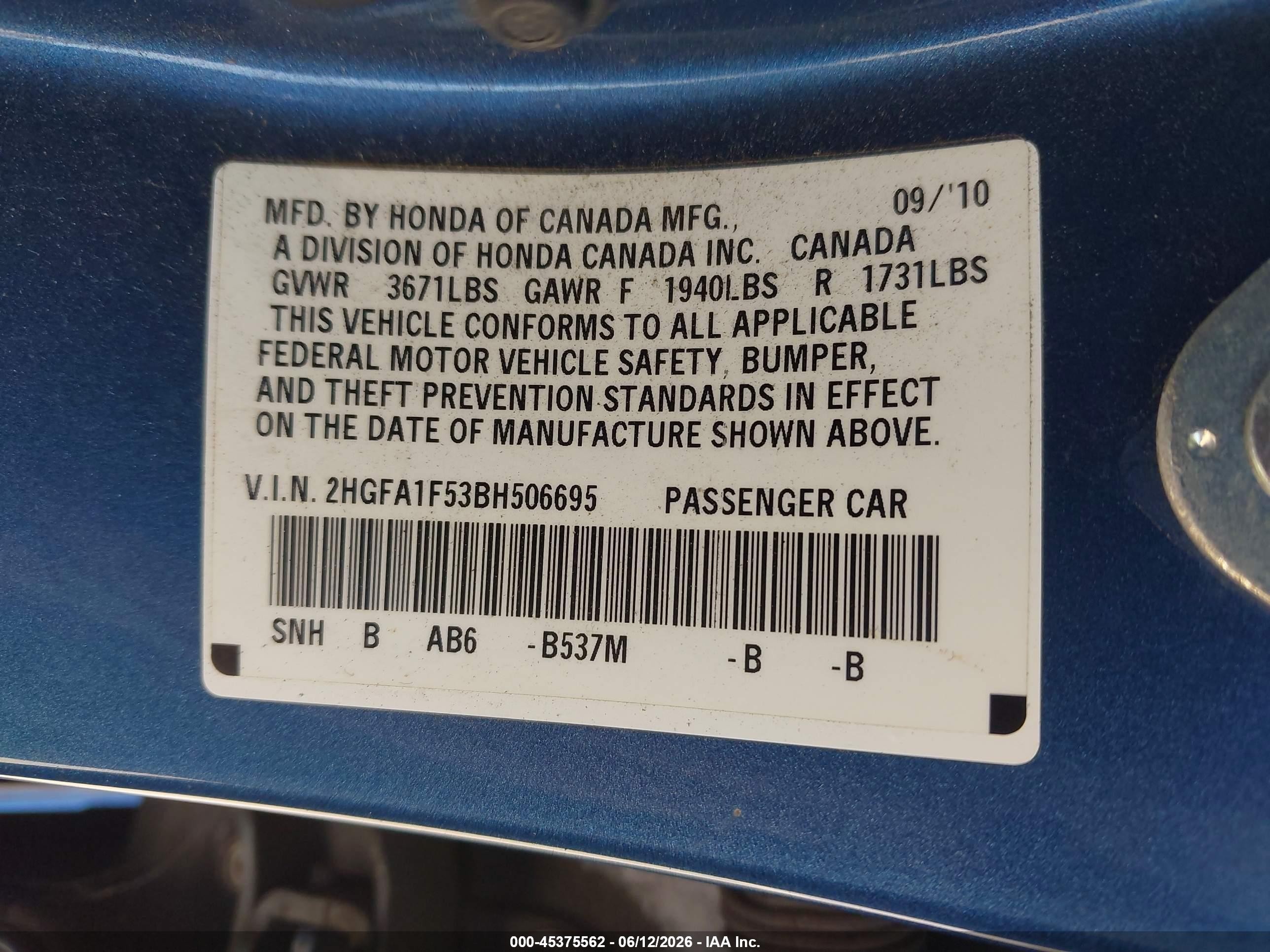 2011 Honda Civic Lx Blue vin: 2HGFA1F53BH506695