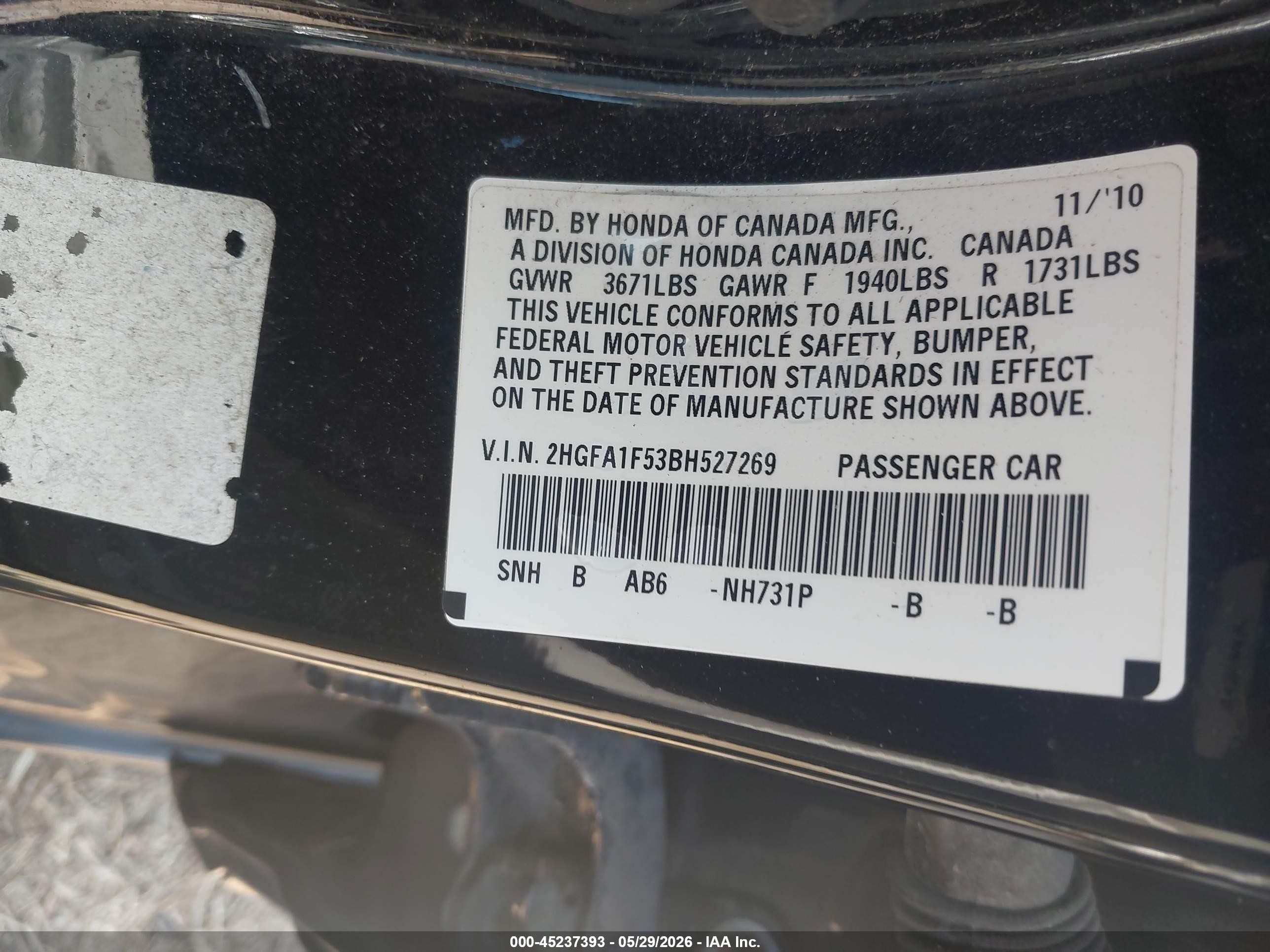 2011 Honda Civic Lx Black vin: 2HGFA1F53BH527269
