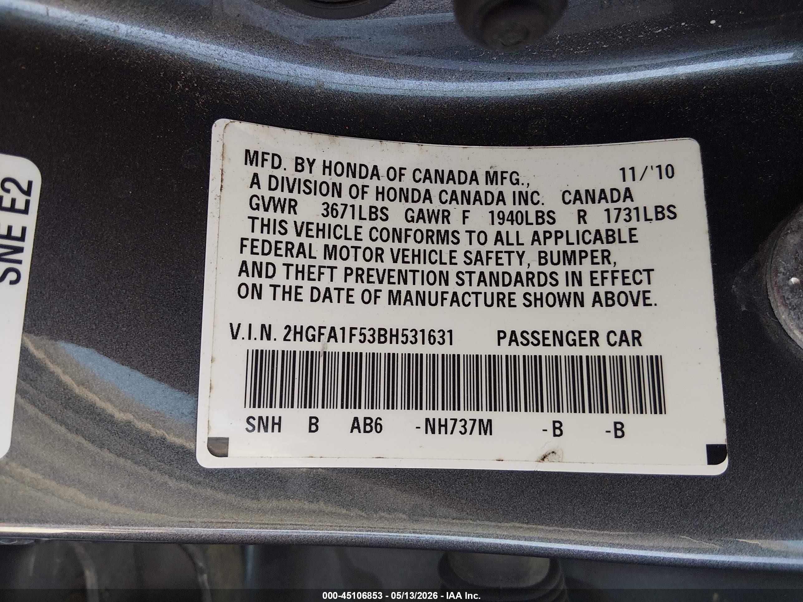 2011 Honda Civic Lx Gray vin: 2HGFA1F53BH531631