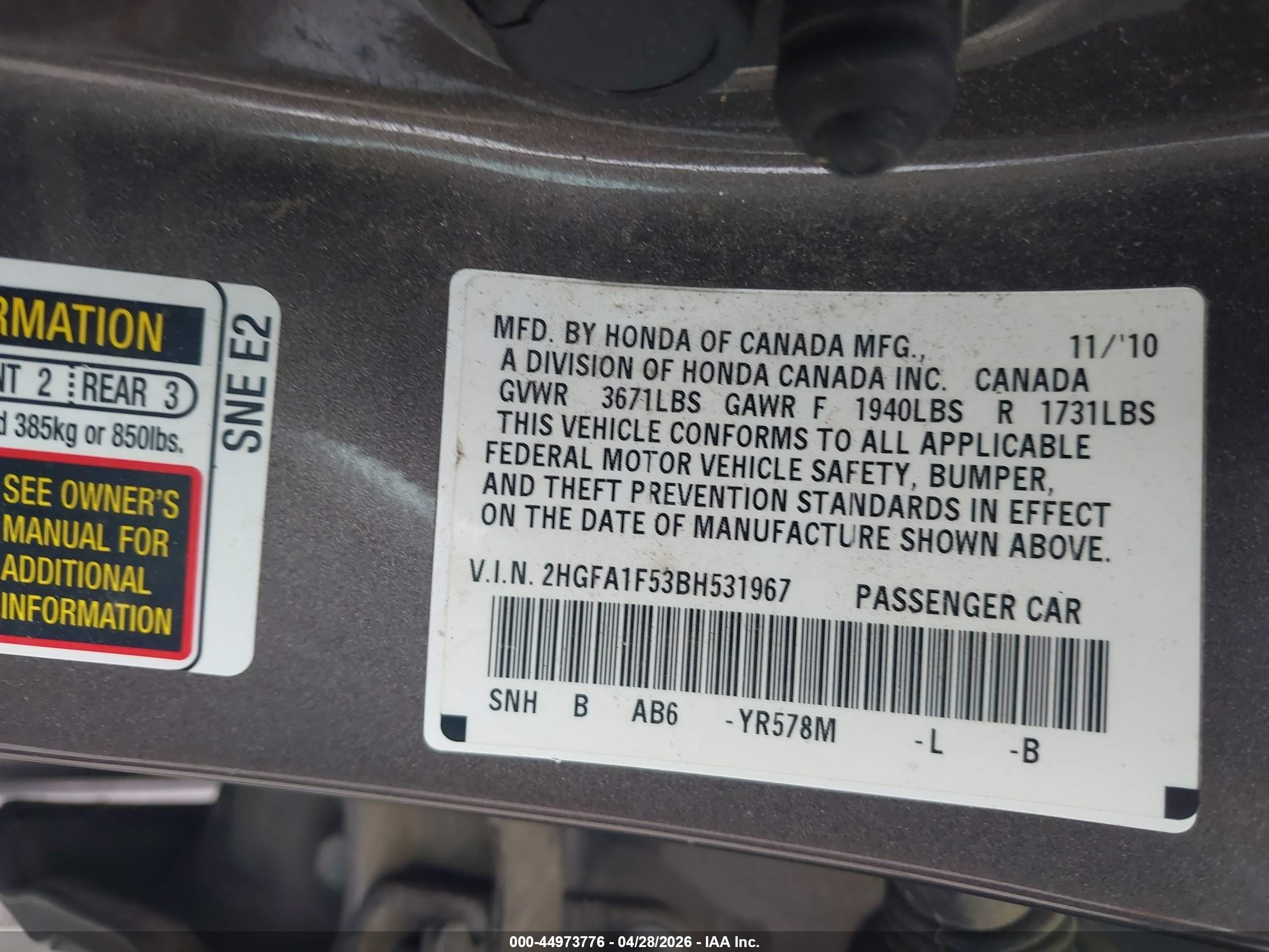2011 Honda Civic Lx Серый vin: 2HGFA1F53BH531967