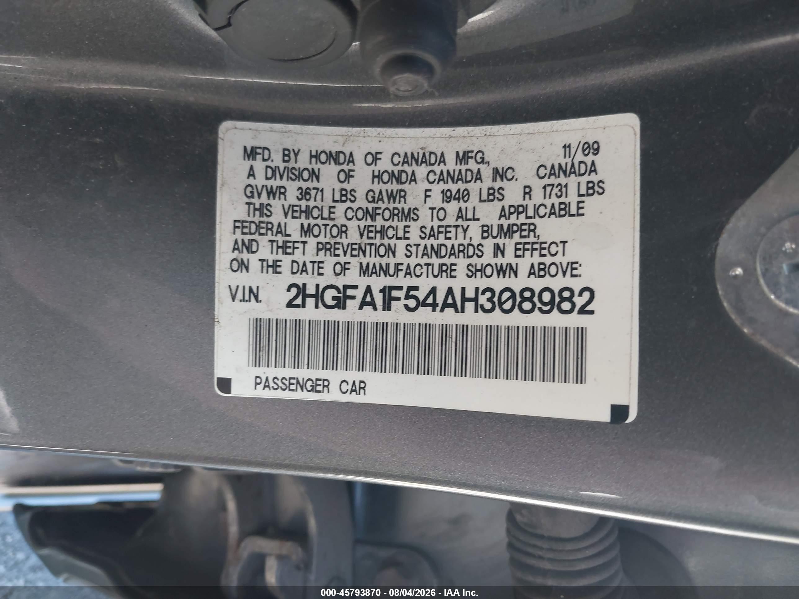 2010 Honda Civic Lx Gray vin: 2HGFA1F54AH308982