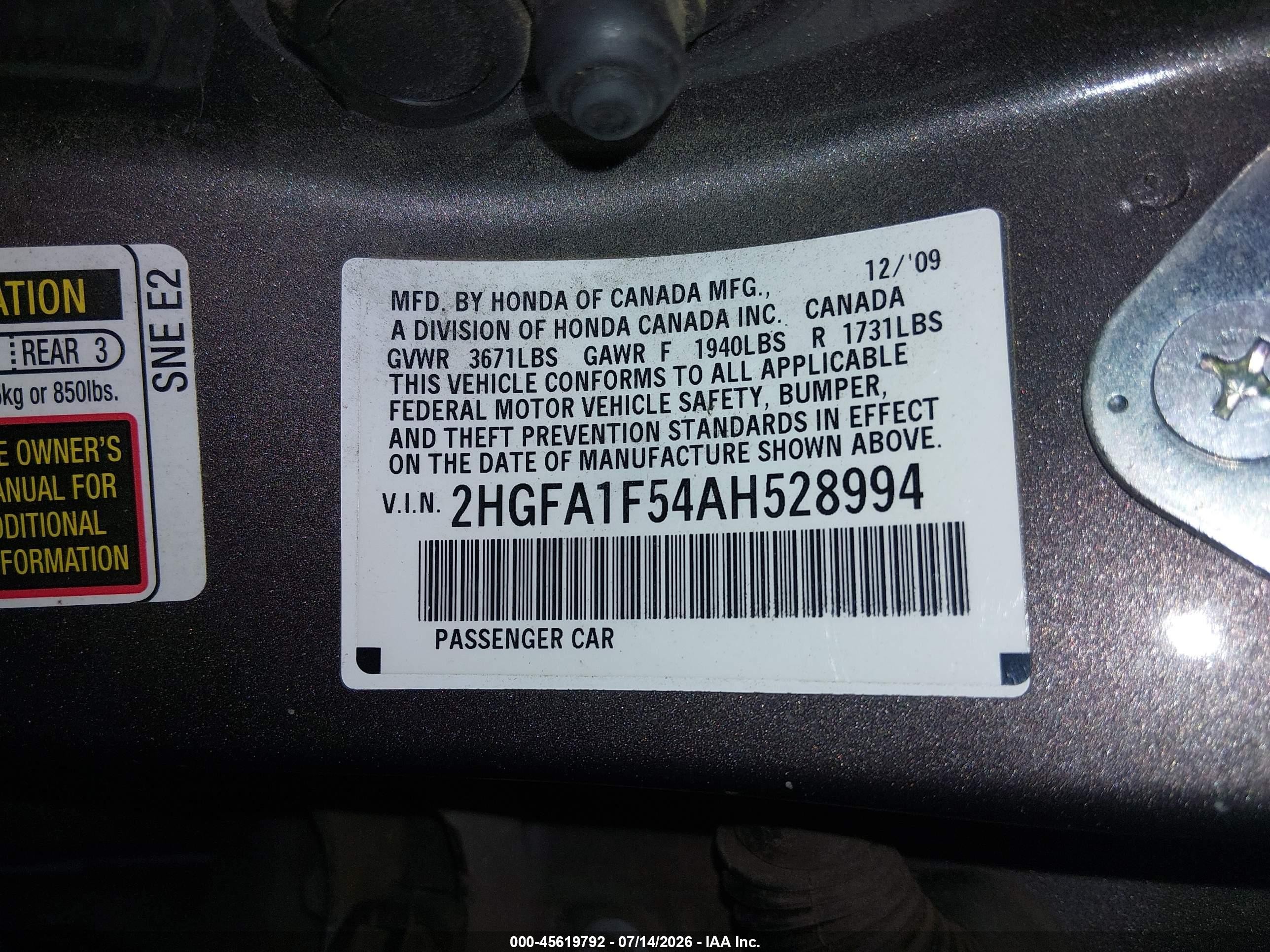 2010 Honda Civic Lx Gray vin: 2HGFA1F54AH528994