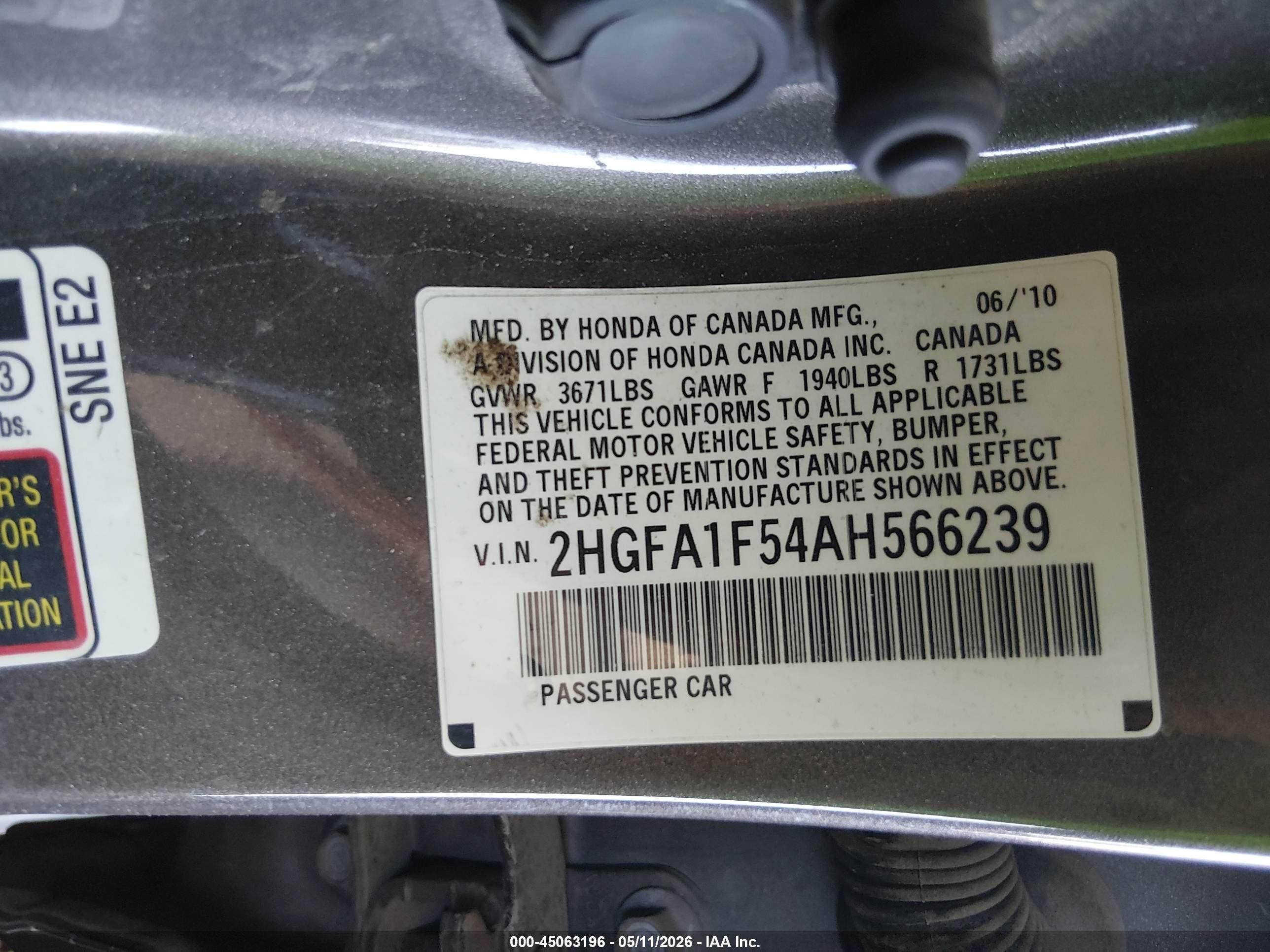 2010 Honda Civic Lx Серый vin: 2HGFA1F54AH566239