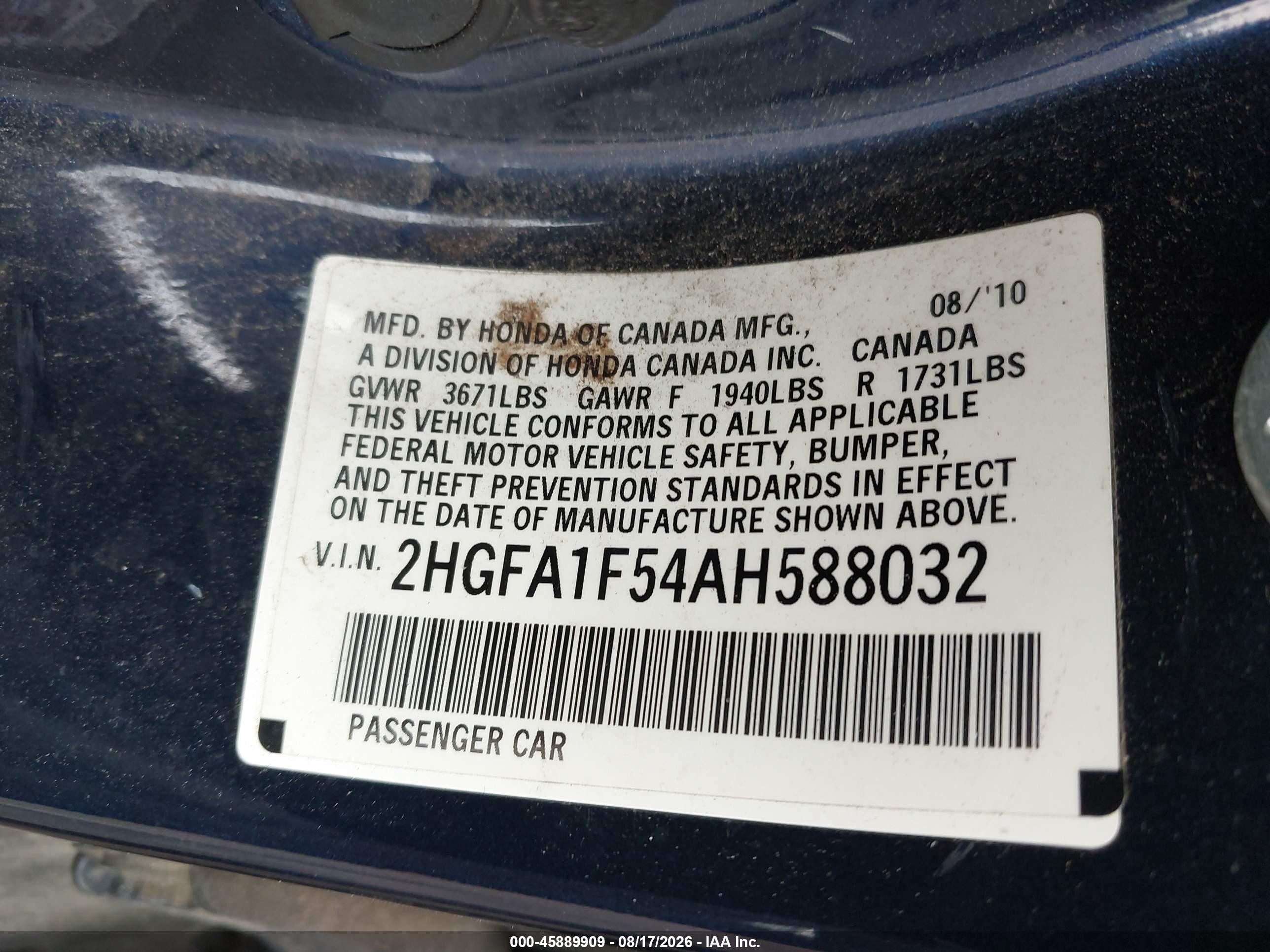 2010 Honda Civic Lx Blue vin: 2HGFA1F54AH588032