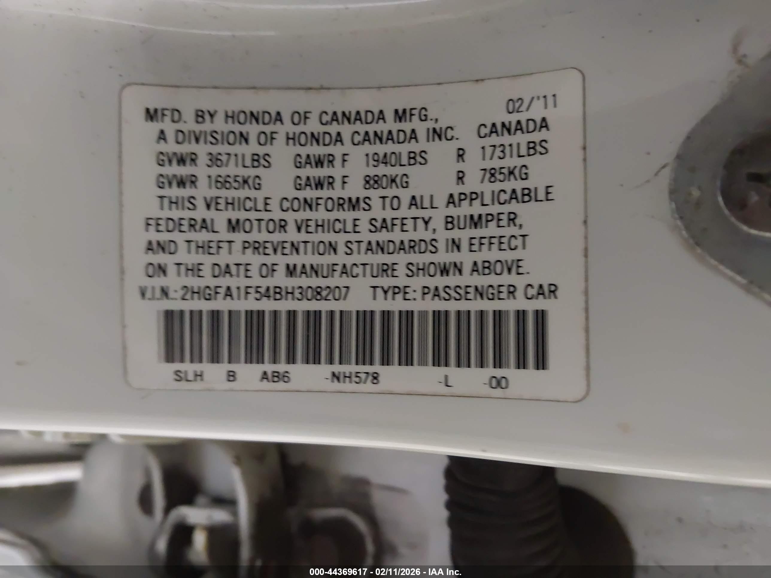 2011 Honda Civic Lx White vin: 2HGFA1F54BH308207