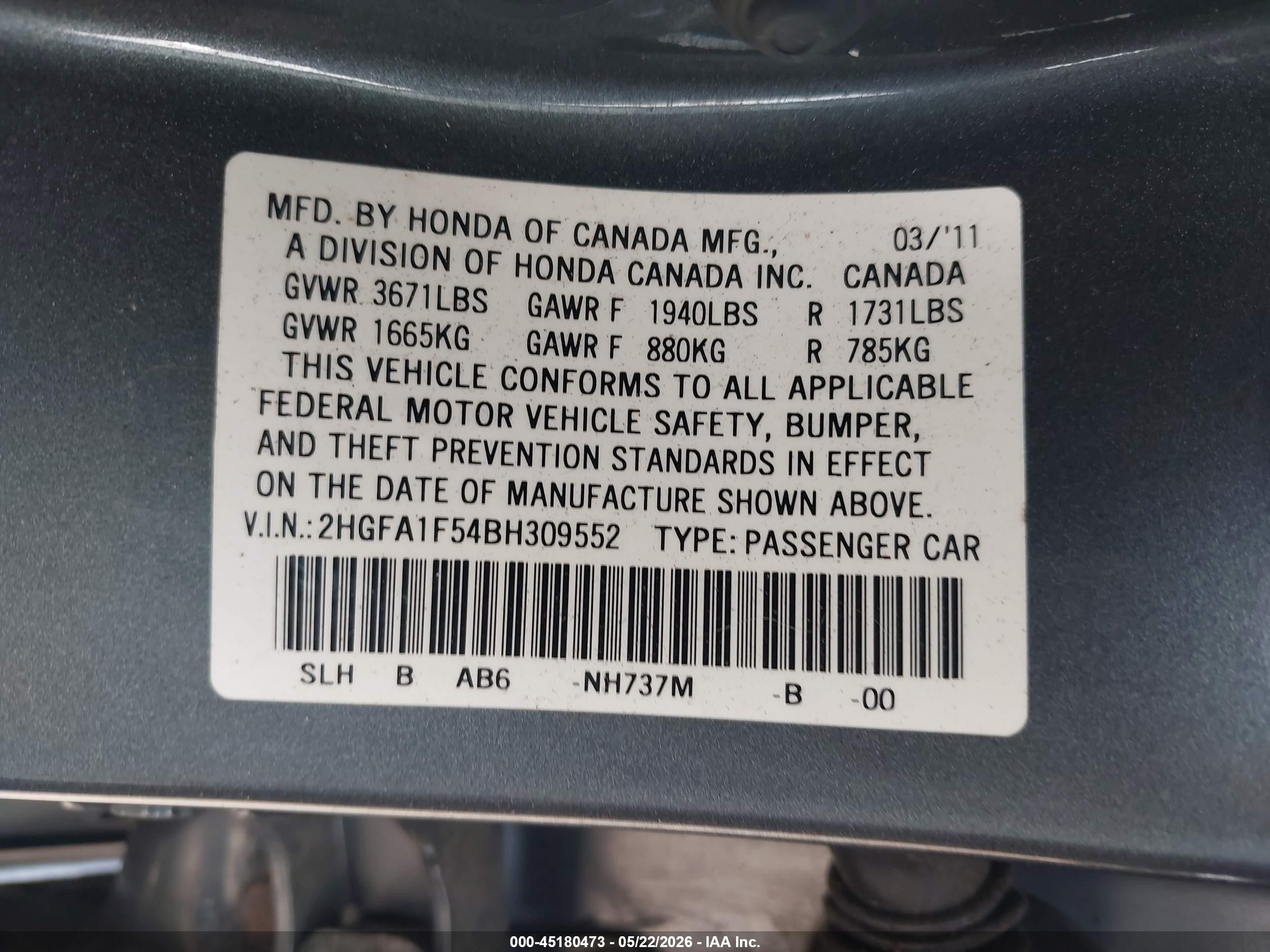 2011 Honda Civic Lx Серый vin: 2HGFA1F54BH309552
