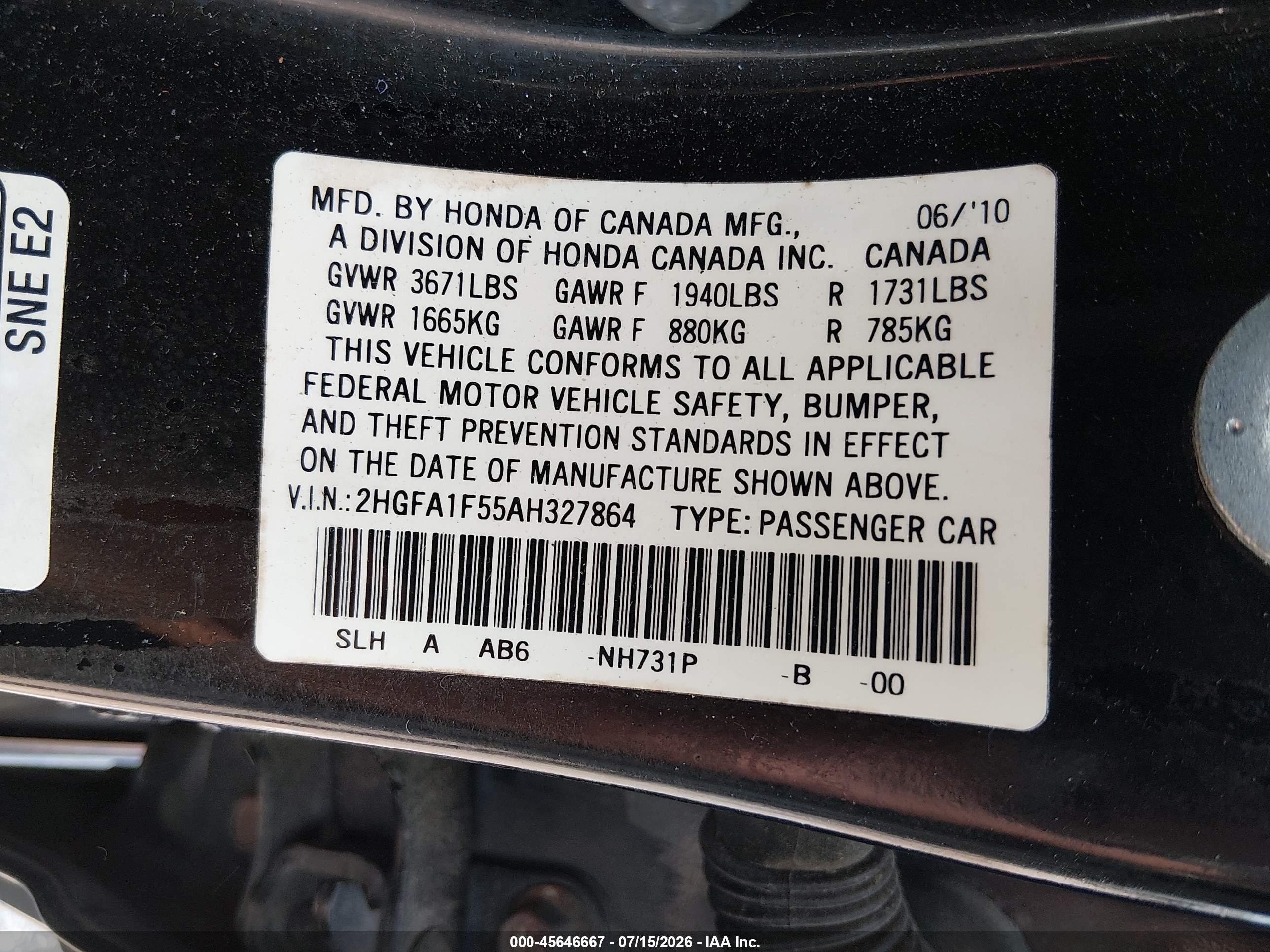 2010 Honda Civic Lx Black vin: 2HGFA1F55AH327864