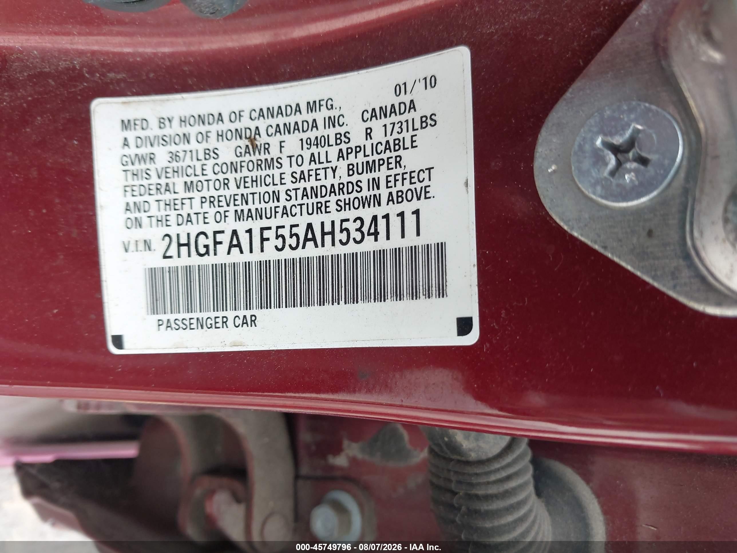 2010 Honda Civic Lx Burgundy vin: 2HGFA1F55AH534111