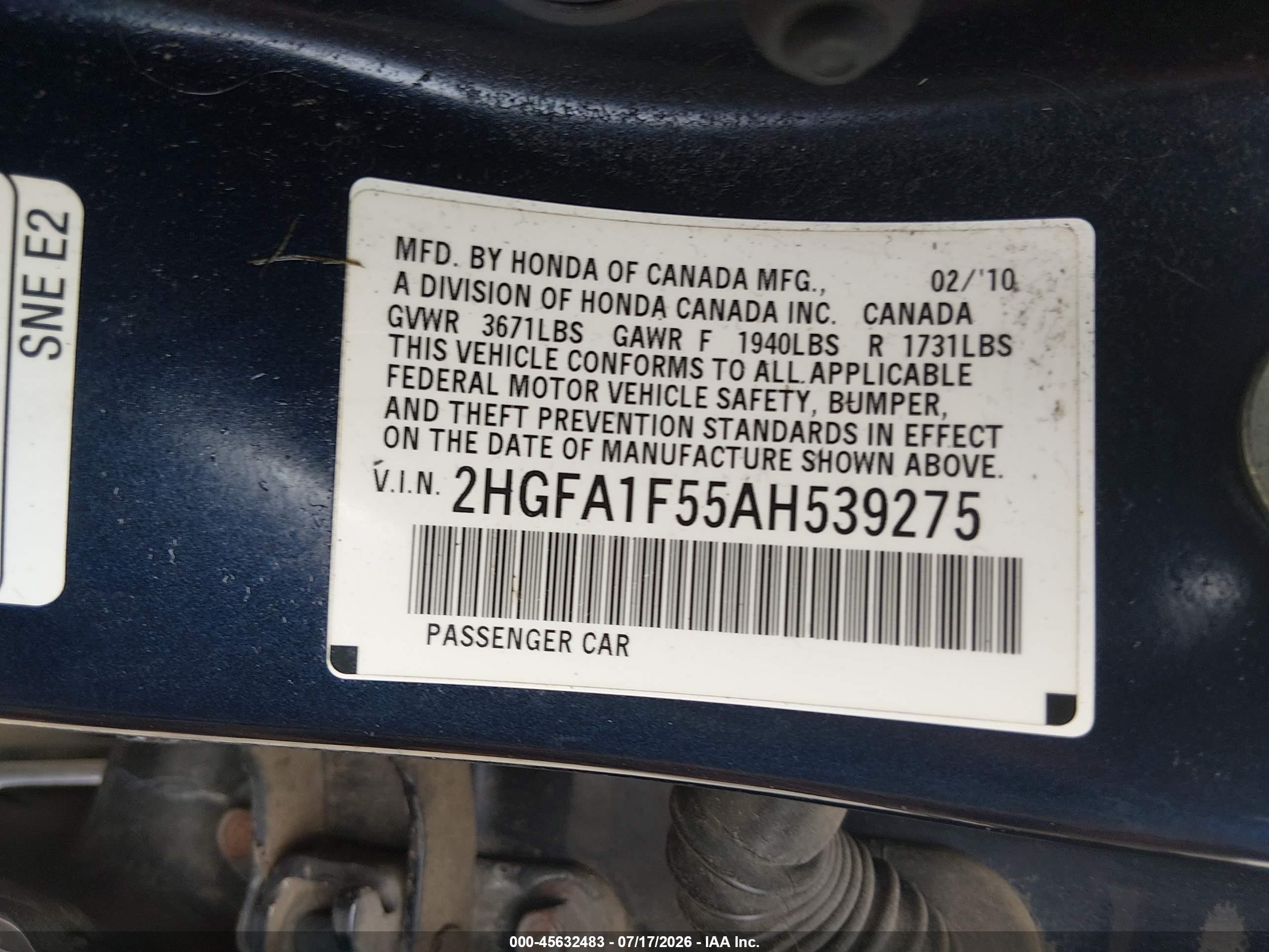 2010 Honda Civic Lx Blue vin: 2HGFA1F55AH539275