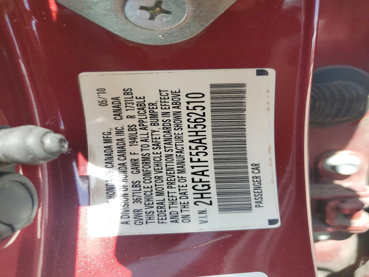2010 Honda Civic Lx Maroon vin: 2HGFA1F55AH562510