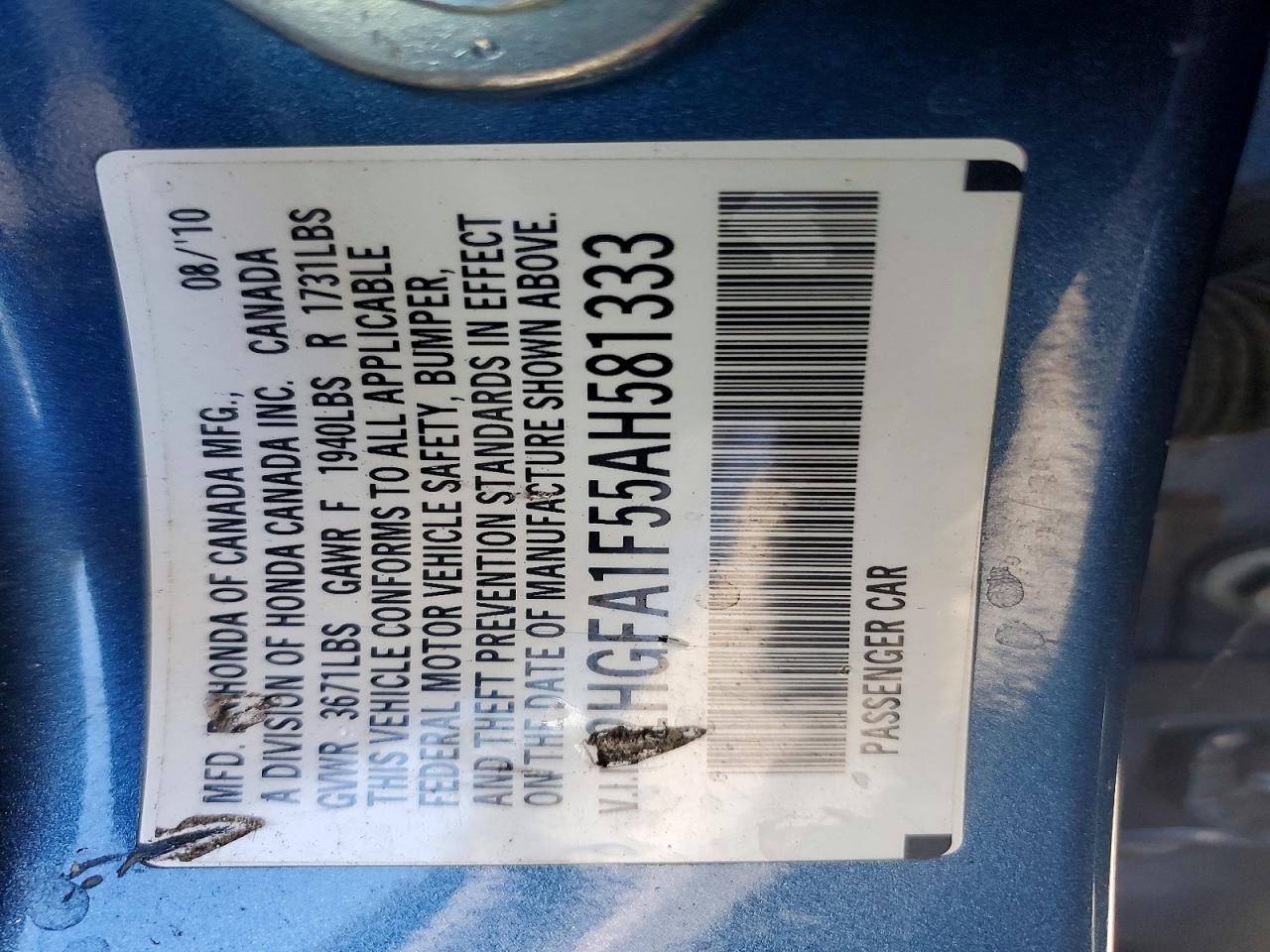2010 Honda Civic Lx Blue vin: 2HGFA1F55AH581333