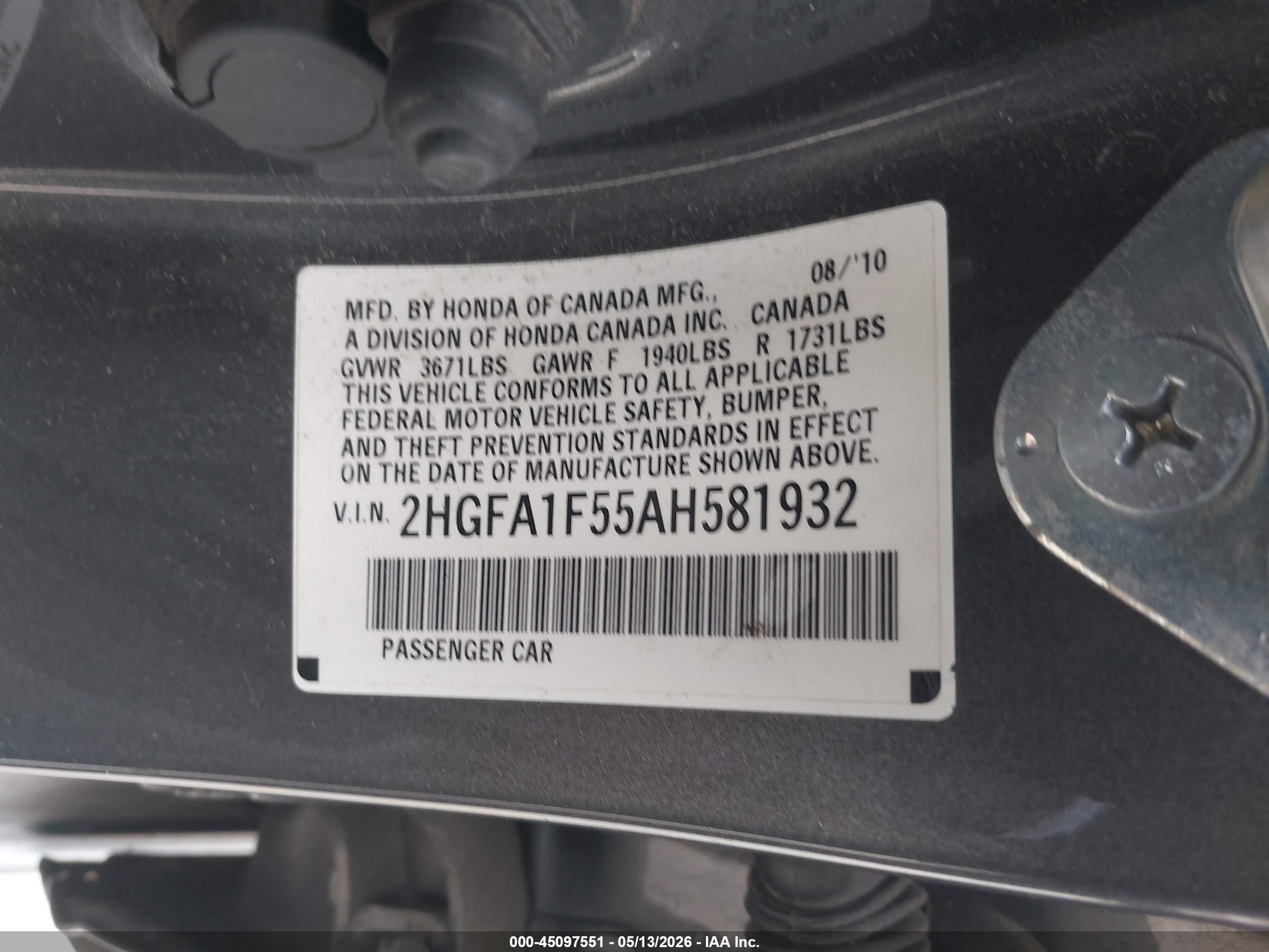 2010 Honda Civic Lx Gray vin: 2HGFA1F55AH581932