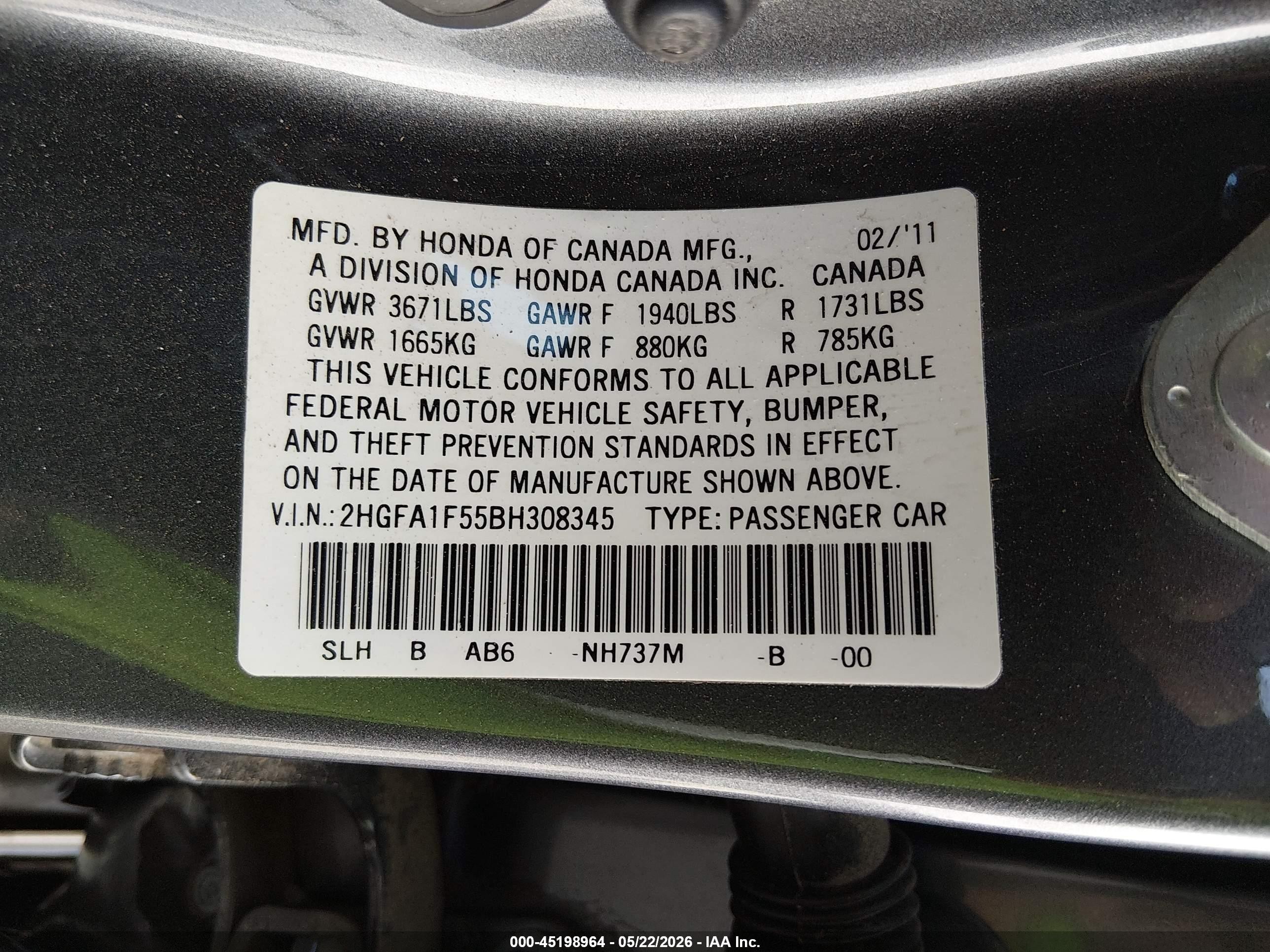 2011 Honda Civic Lx Gray vin: 2HGFA1F55BH308345