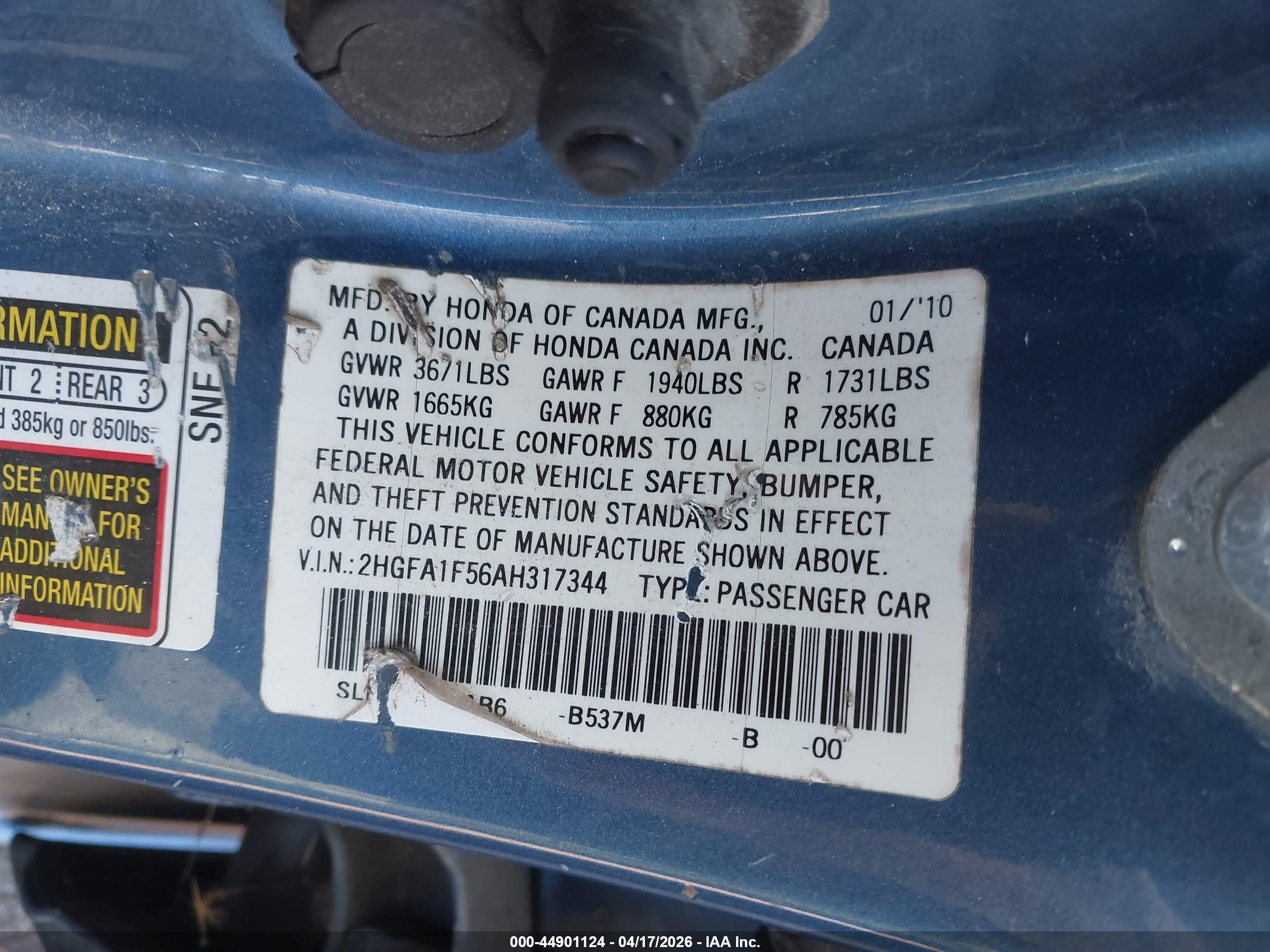 2010 Honda Civic Lx Blue vin: 2HGFA1F56AH317344