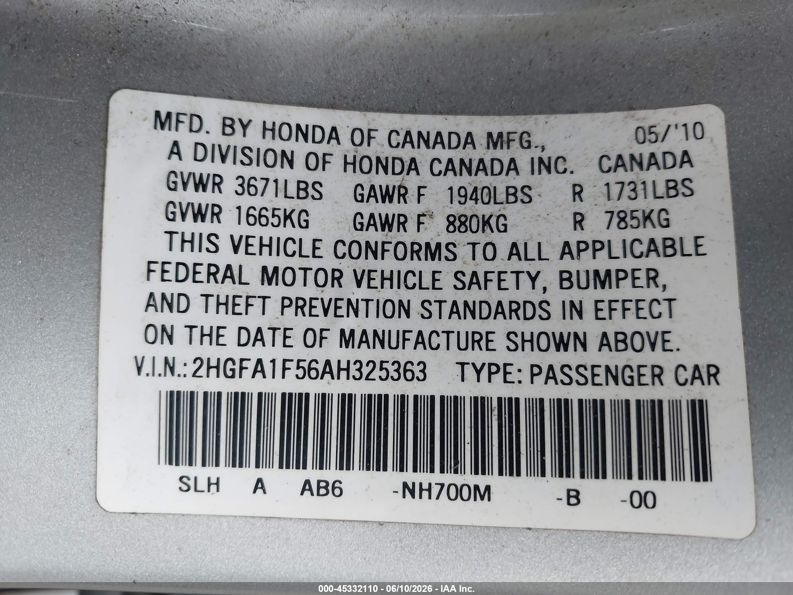 2010 Honda Civic Lx Silver vin: 2HGFA1F56AH325363