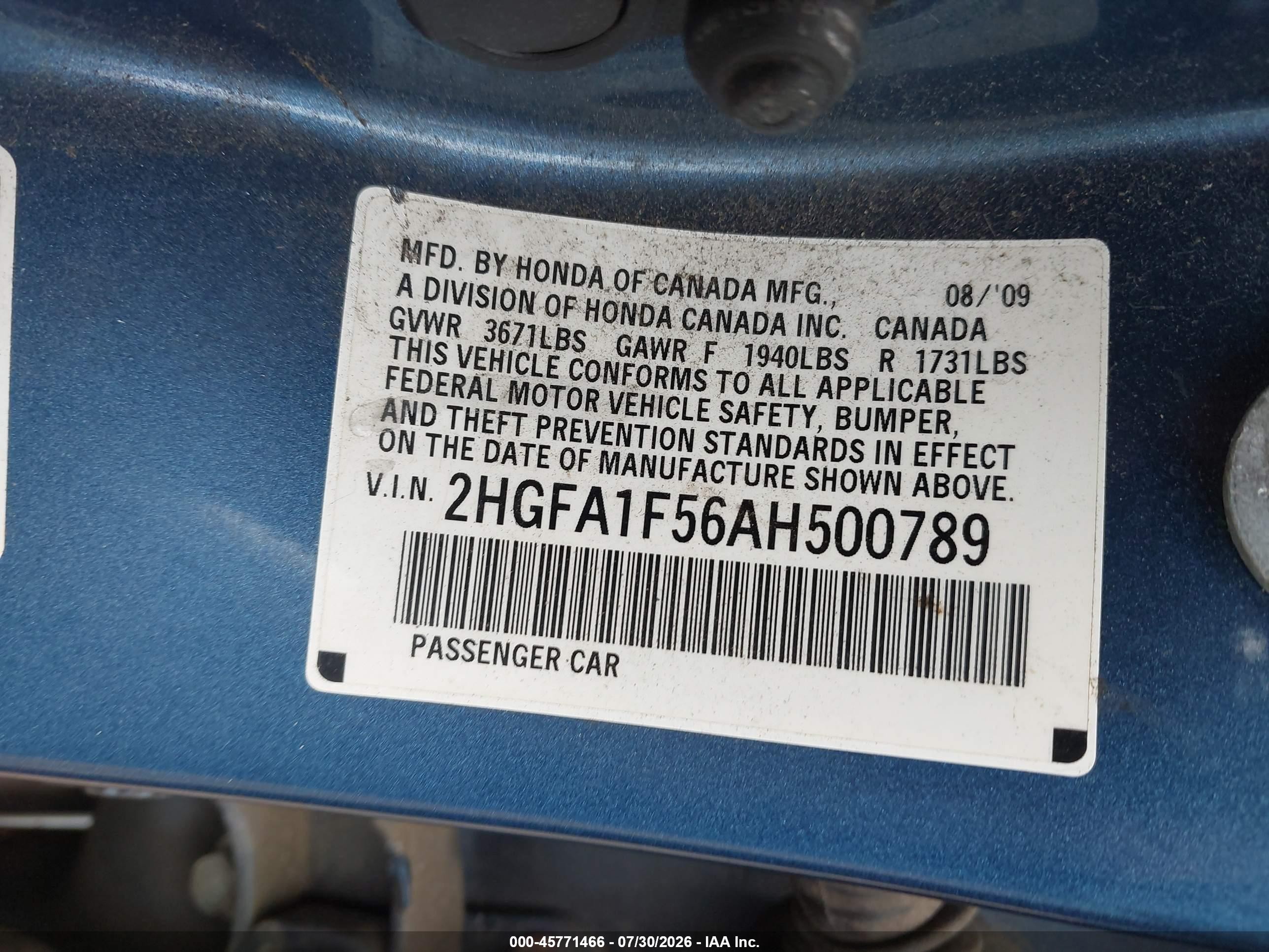 2010 Honda Civic Lx Blue vin: 2HGFA1F56AH500789