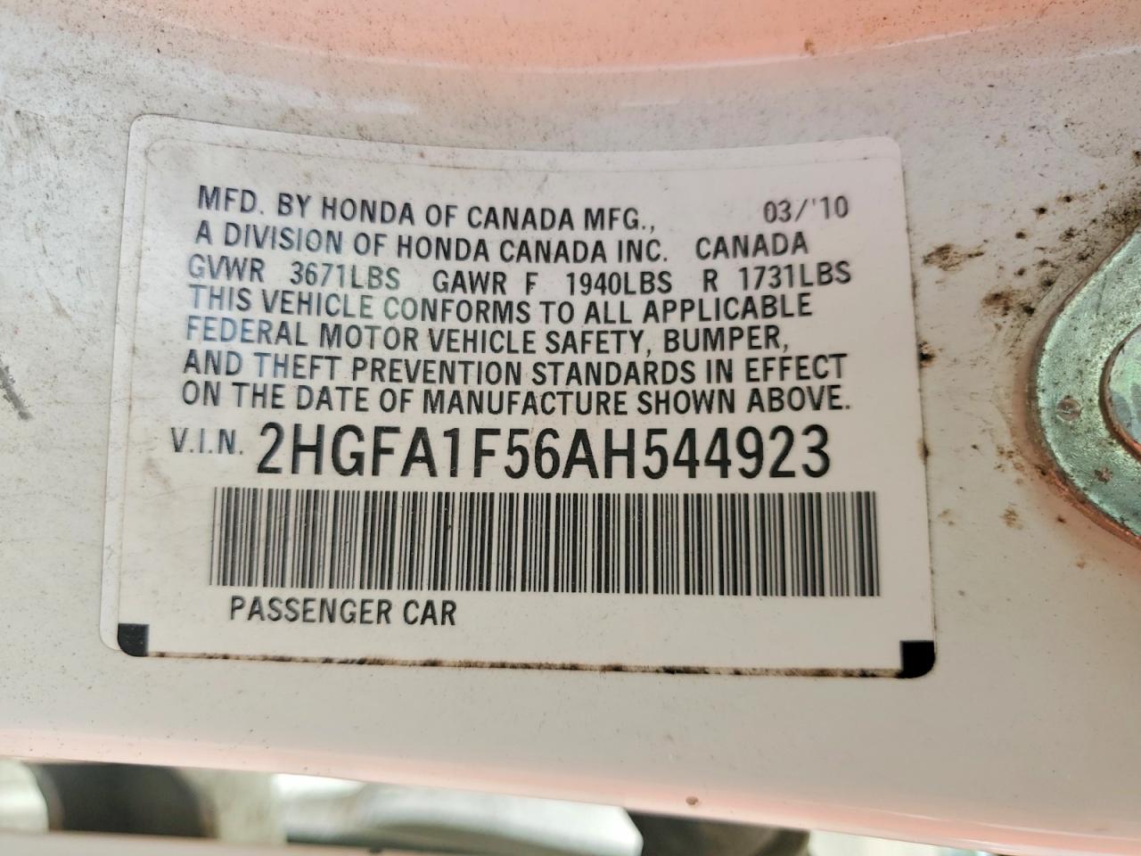 2010 Honda Civic Lx White vin: 2HGFA1F56AH544923