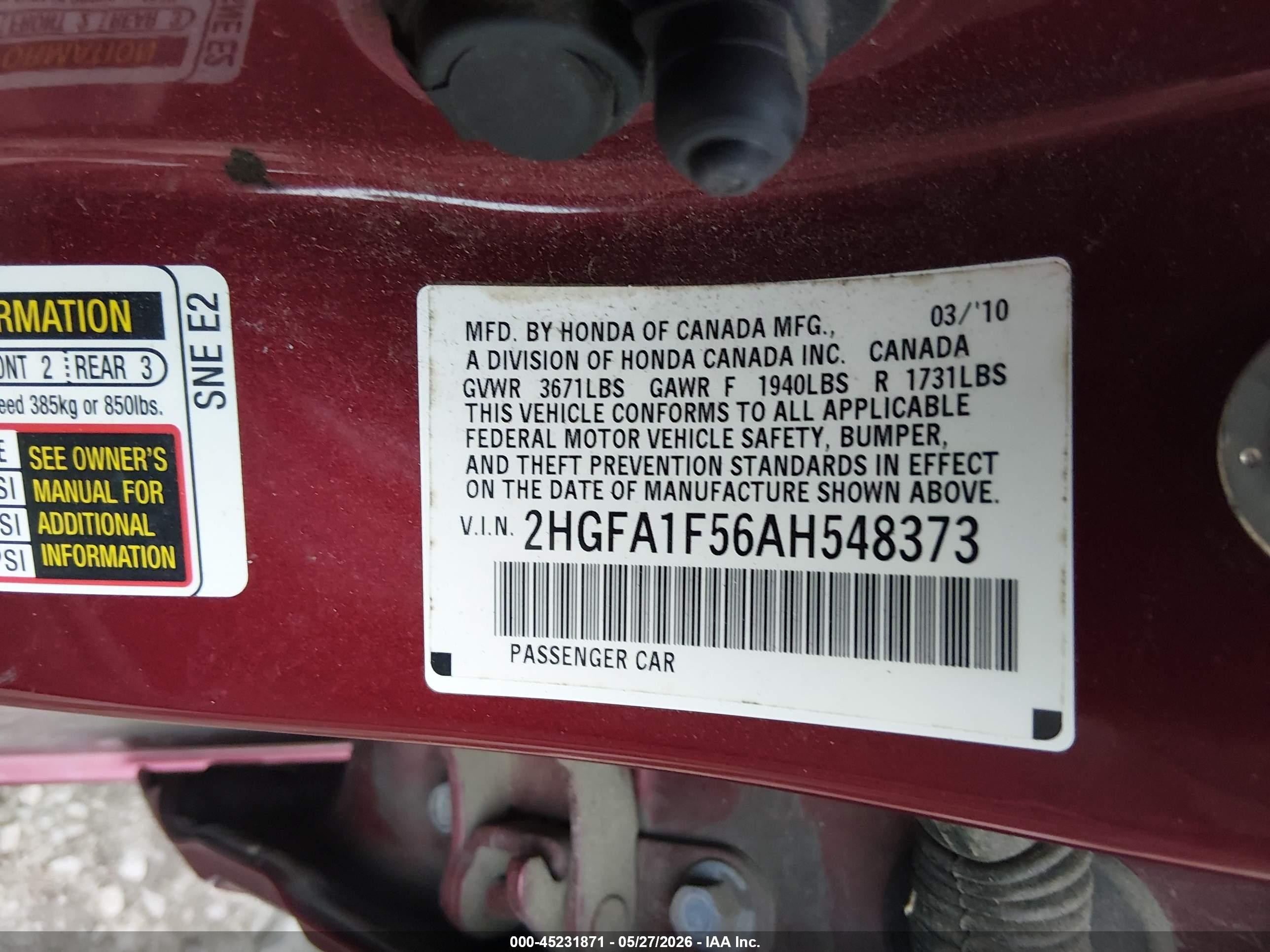 2010 Honda Civic Lx Red vin: 2HGFA1F56AH548373