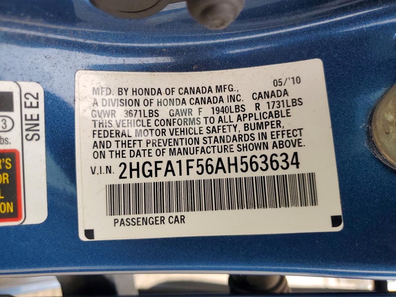 2010 Honda Civic Lx Blue vin: 2HGFA1F56AH563634