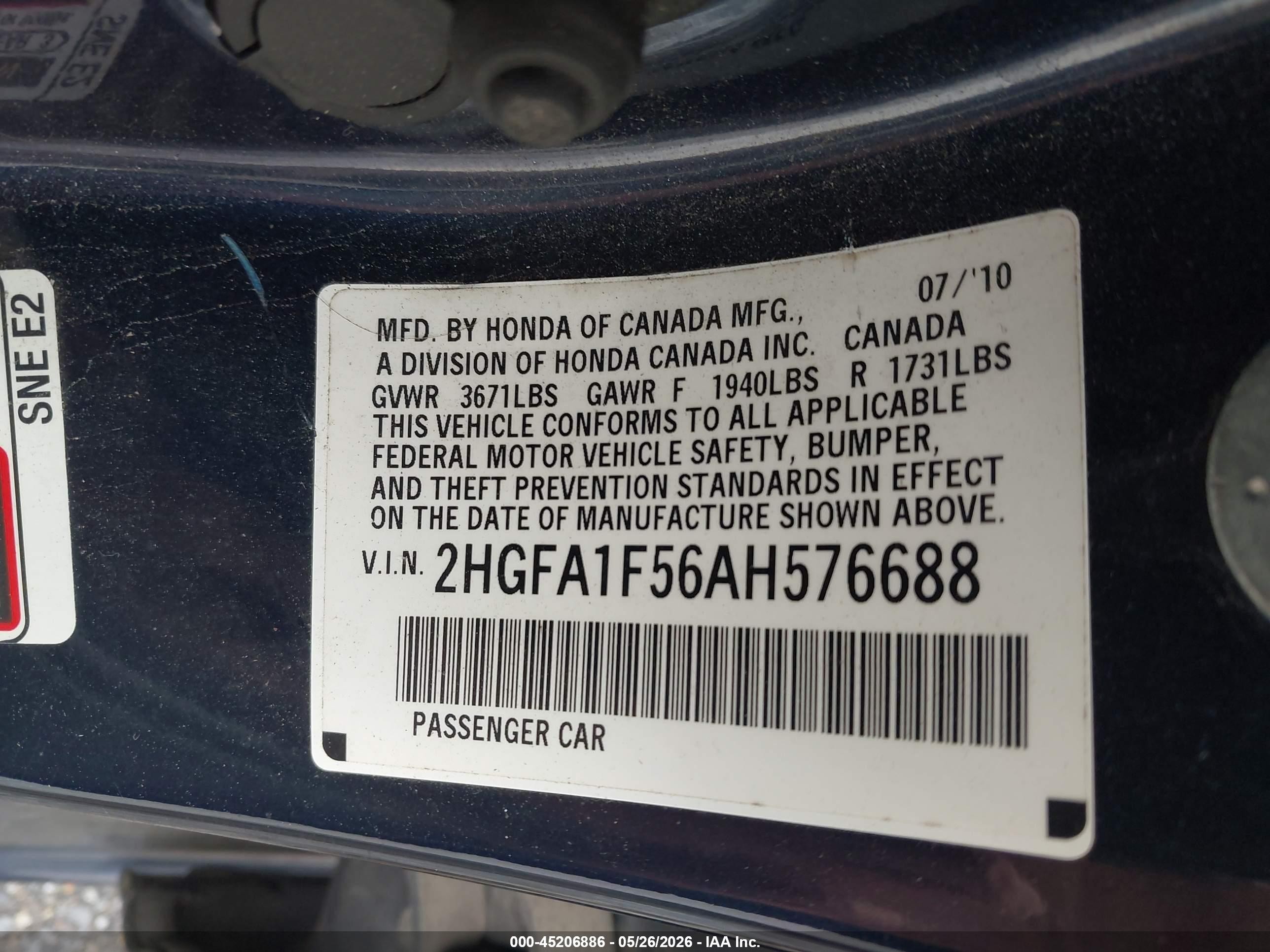 2010 Honda Civic Lx Blue vin: 2HGFA1F56AH576688