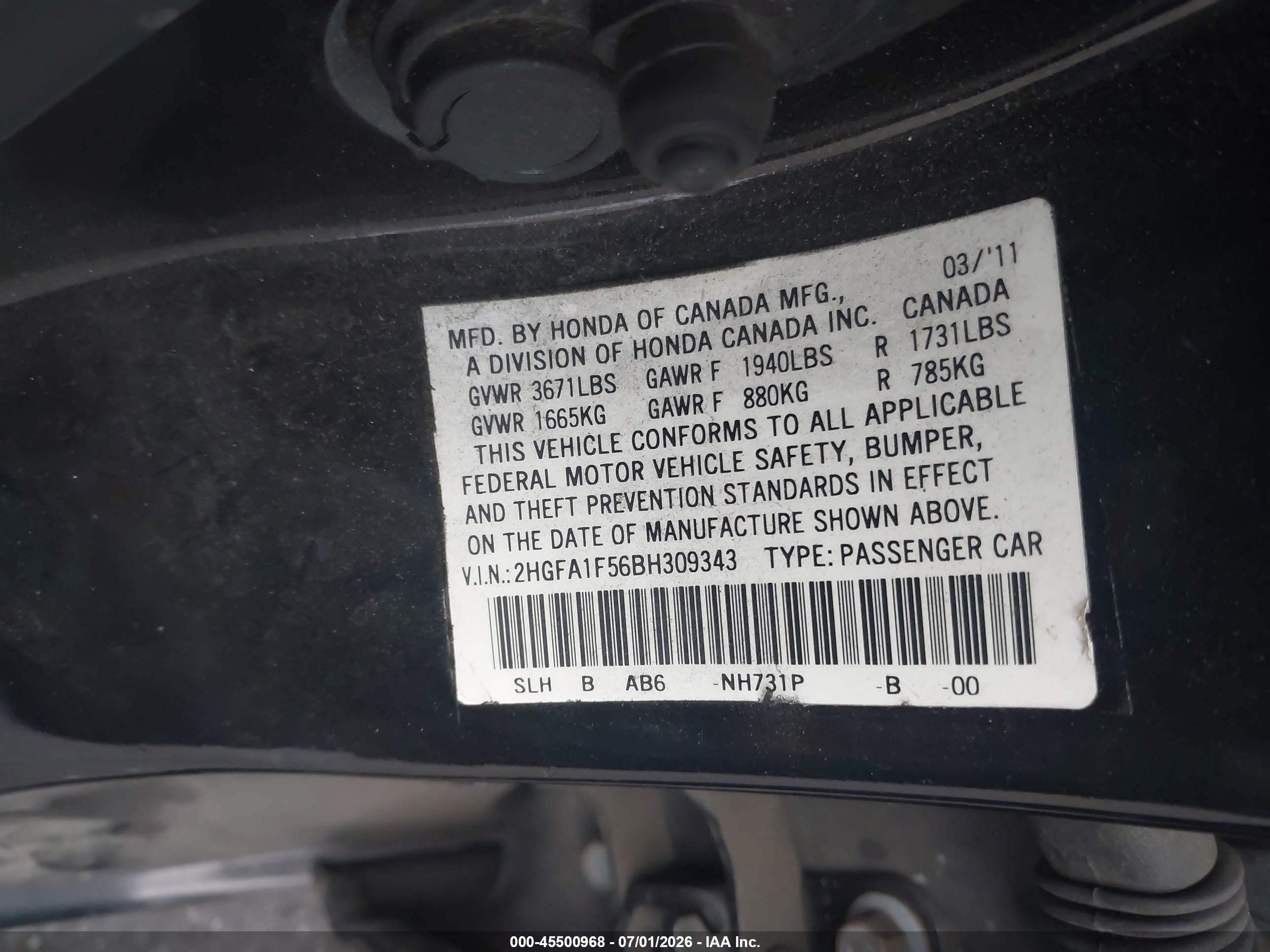 2011 Honda Civic Lx Черный vin: 2HGFA1F56BH309343