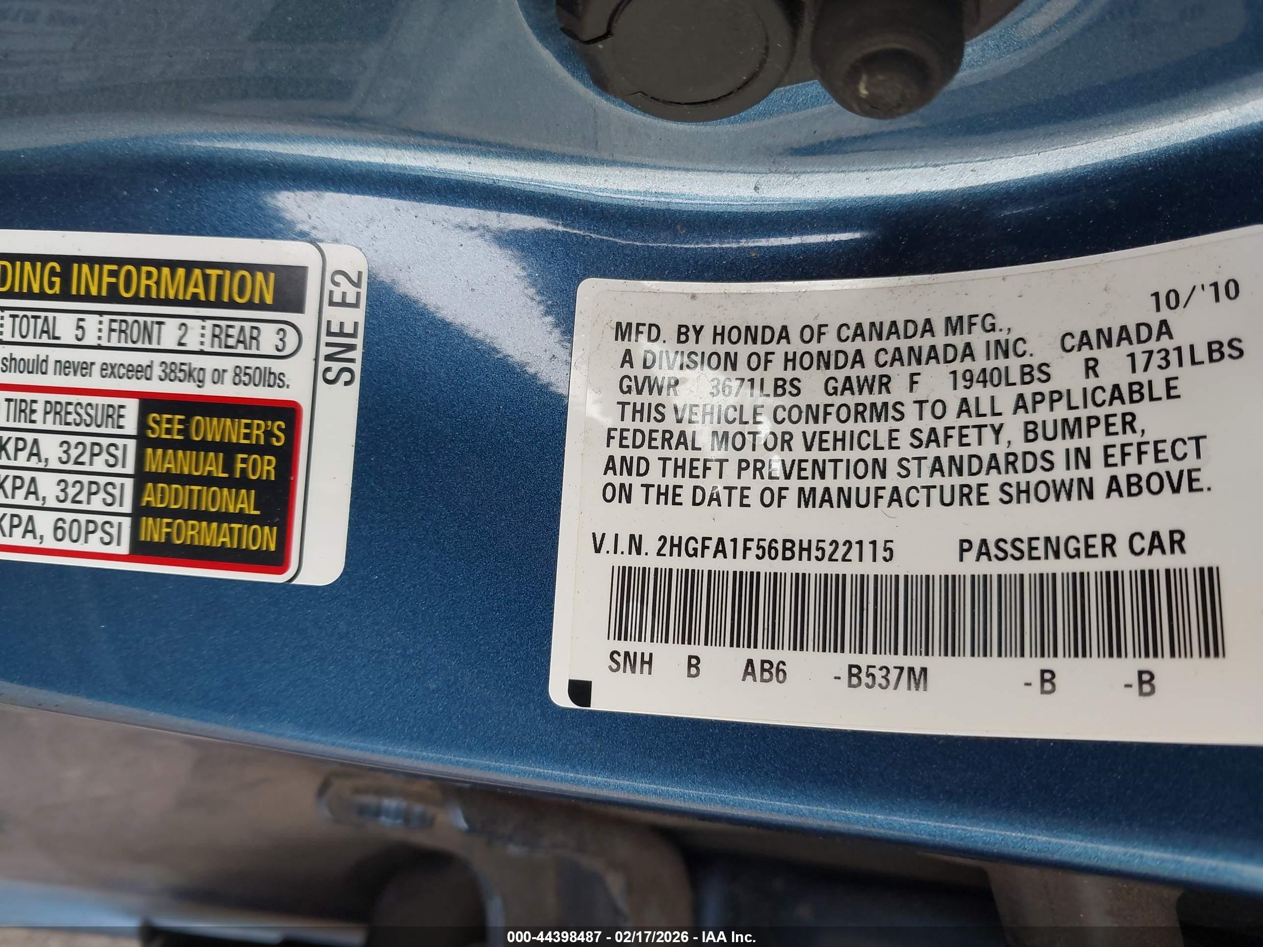 2011 Honda Civic Lx Blue vin: 2HGFA1F56BH522115