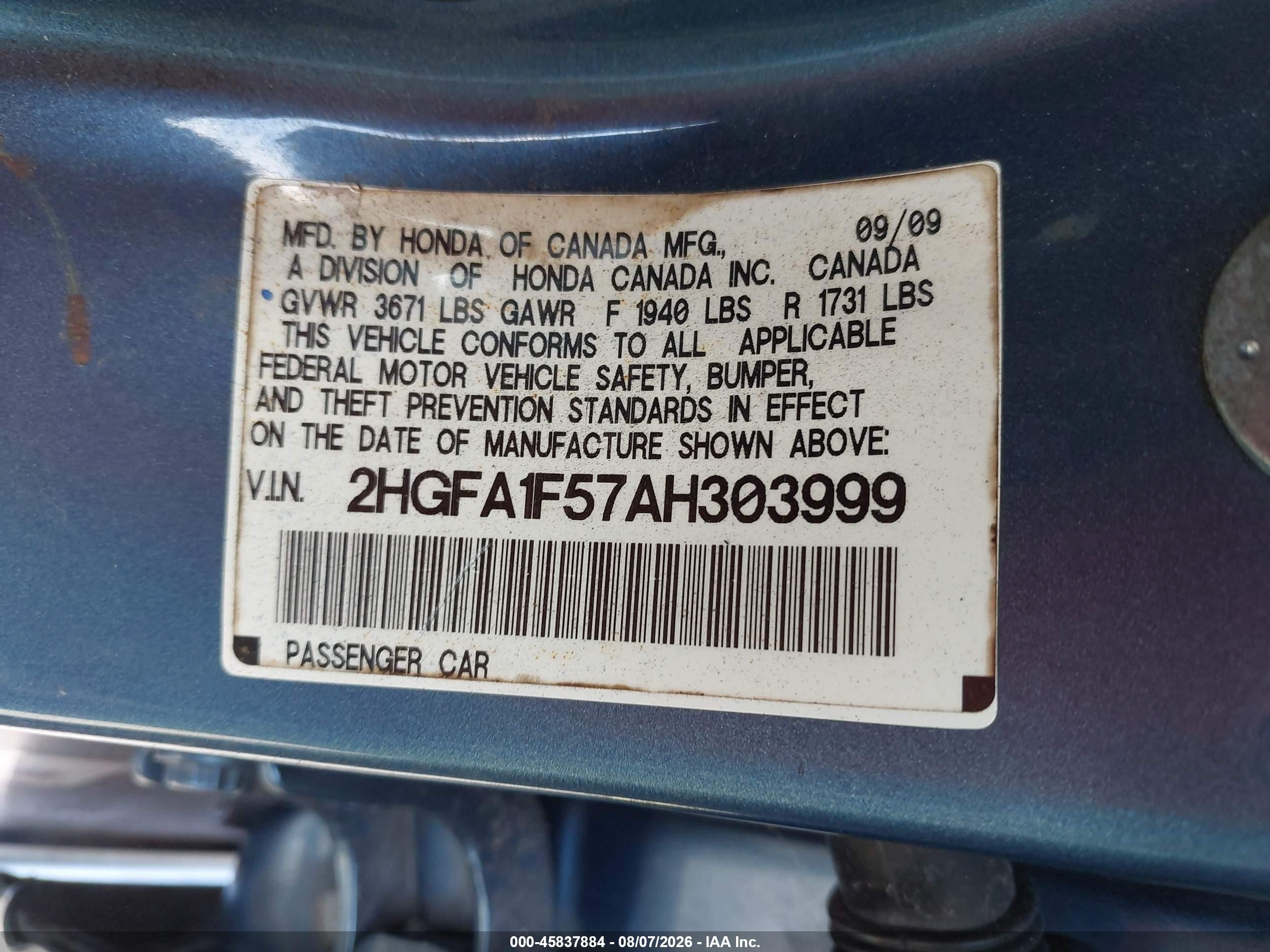 2010 Honda Civic Lx Blue vin: 2HGFA1F57AH303999
