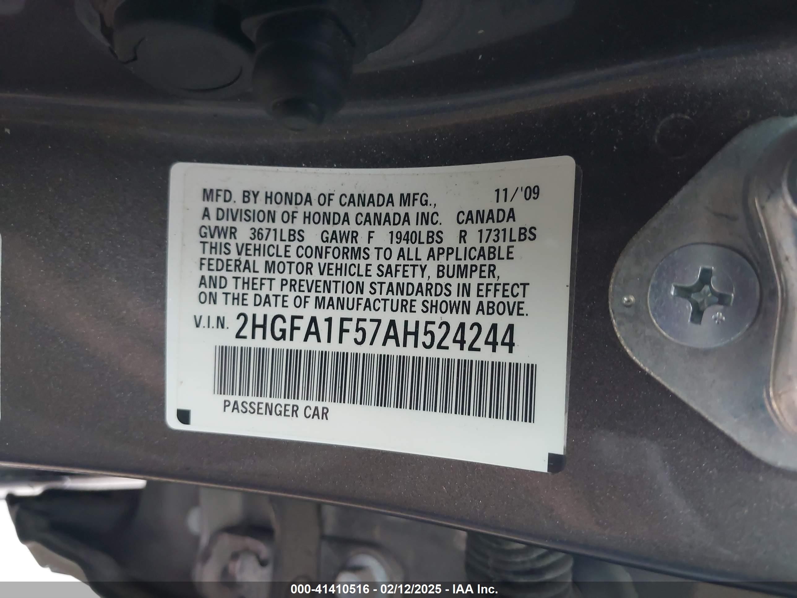2010 Honda Civic Lx Серый vin: 2HGFA1F57AH524244