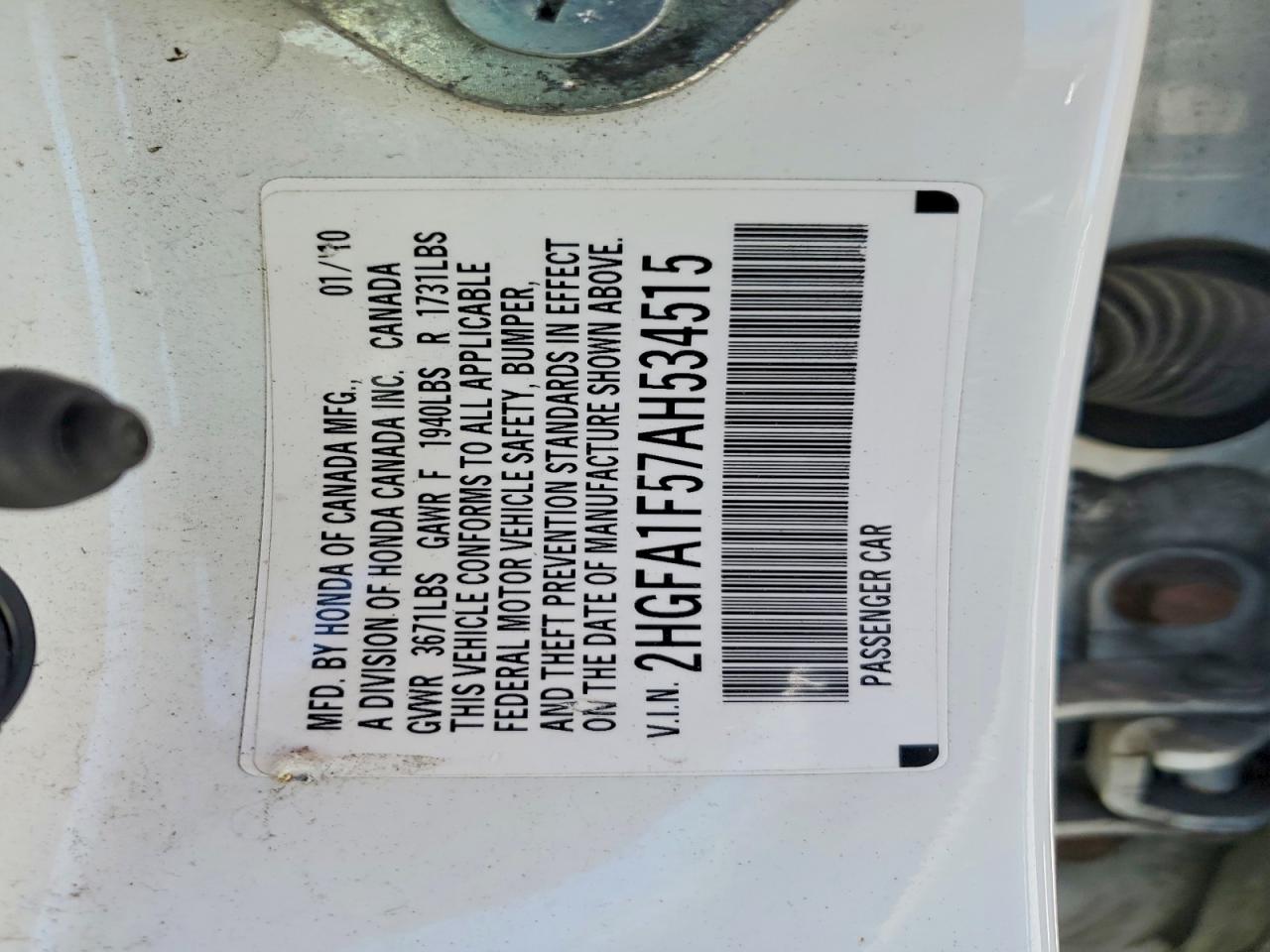 2010 Honda Civic Lx White vin: 2HGFA1F57AH534515