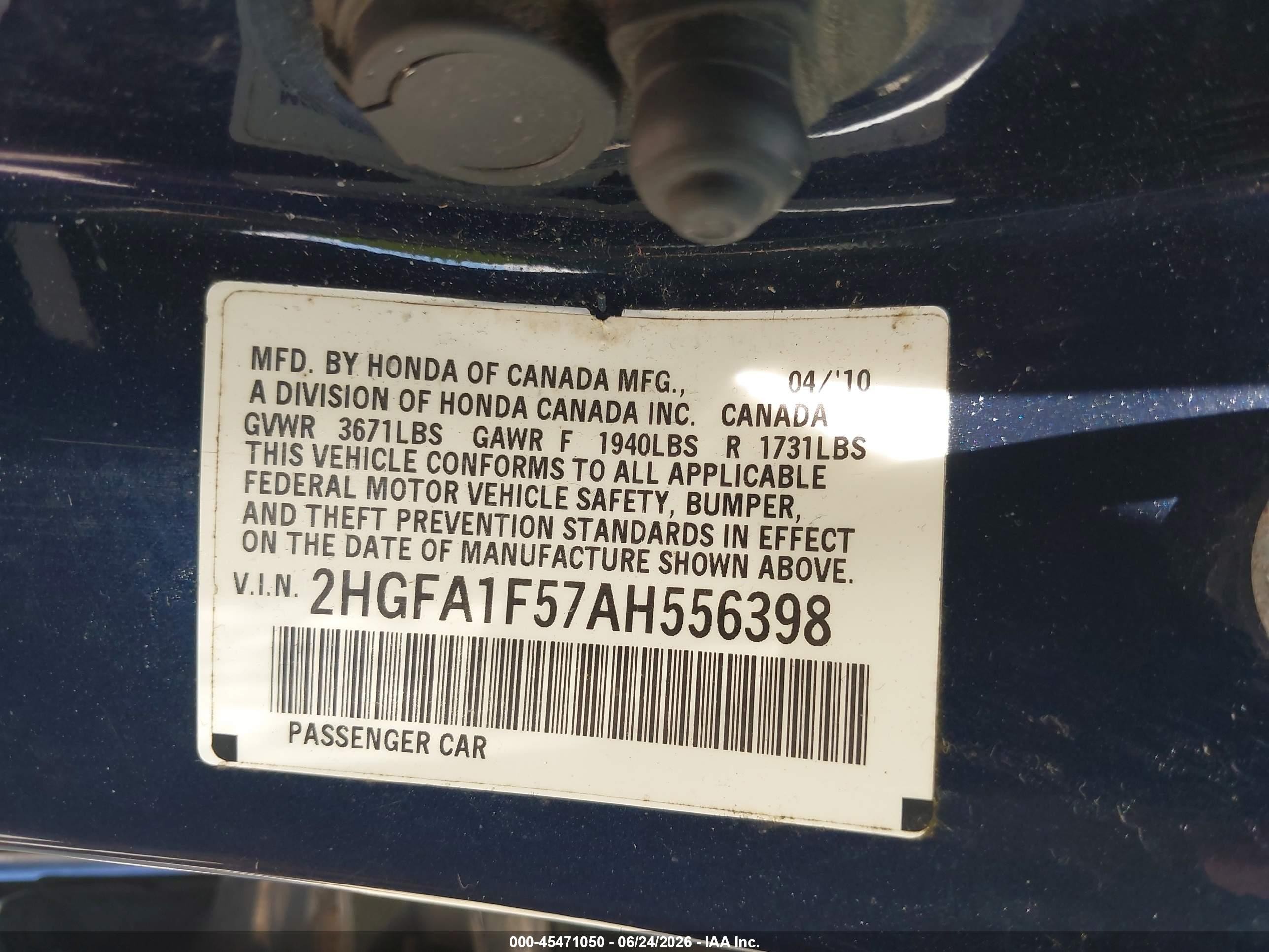 2010 Honda Civic Lx Blue vin: 2HGFA1F57AH556398