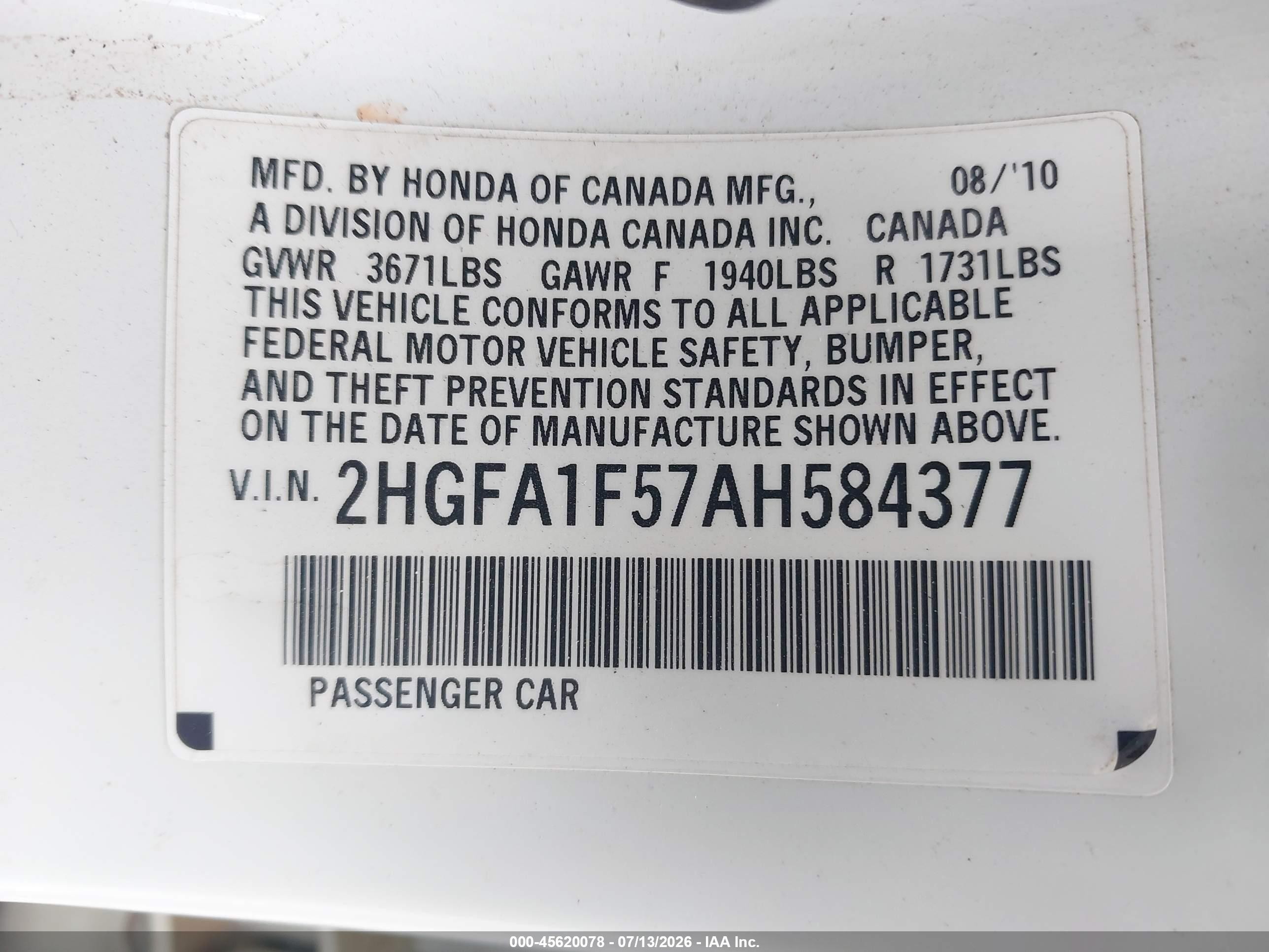2010 Honda Civic Lx White vin: 2HGFA1F57AH584377