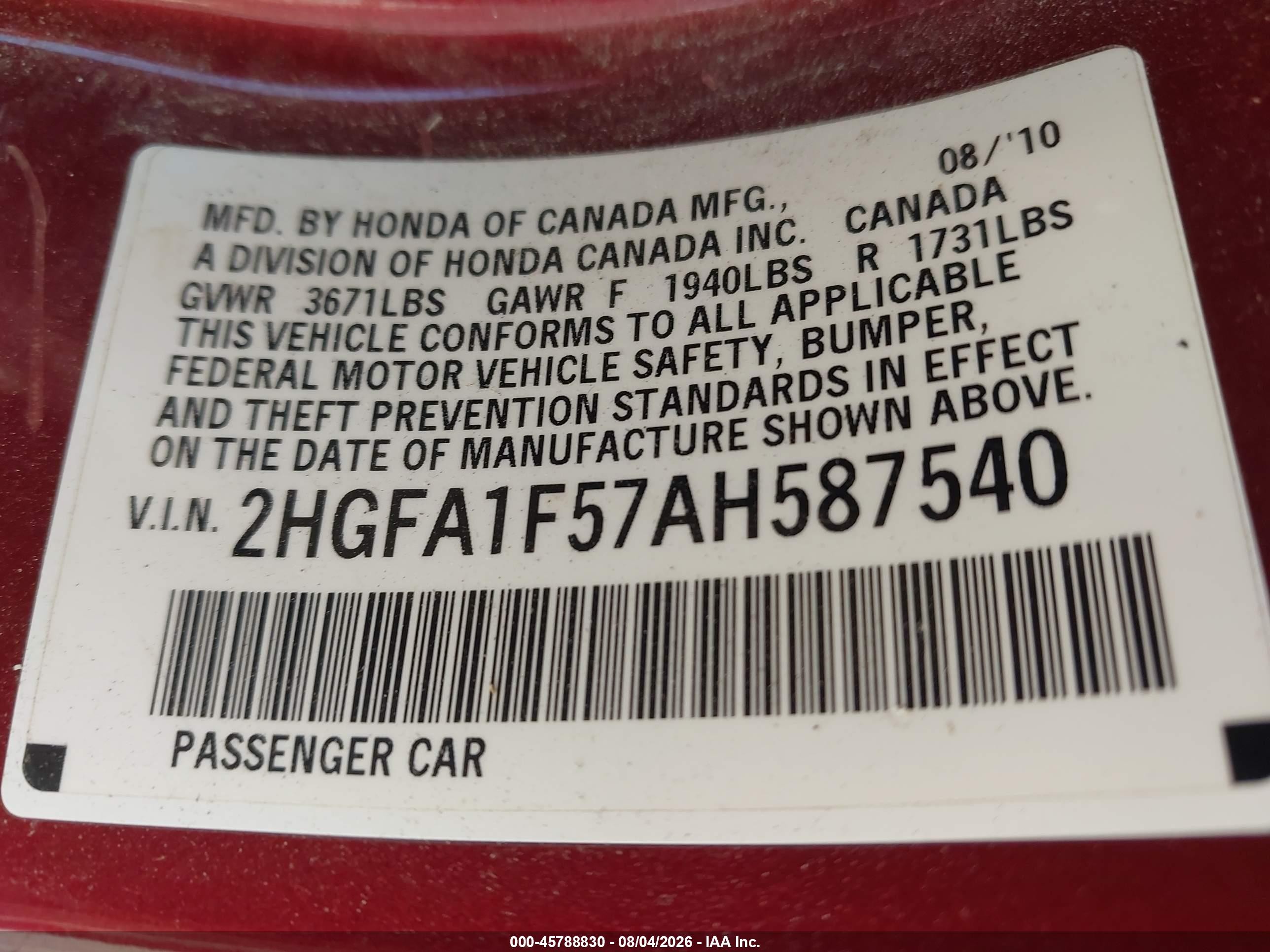 2010 Honda Civic Lx Burgundy vin: 2HGFA1F57AH587540