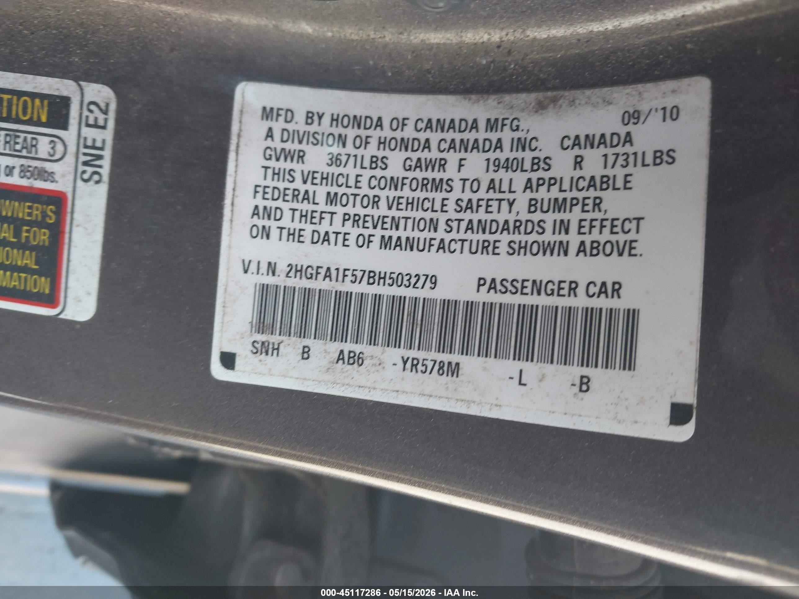 2011 Honda Civic Lx Gray vin: 2HGFA1F57BH503279
