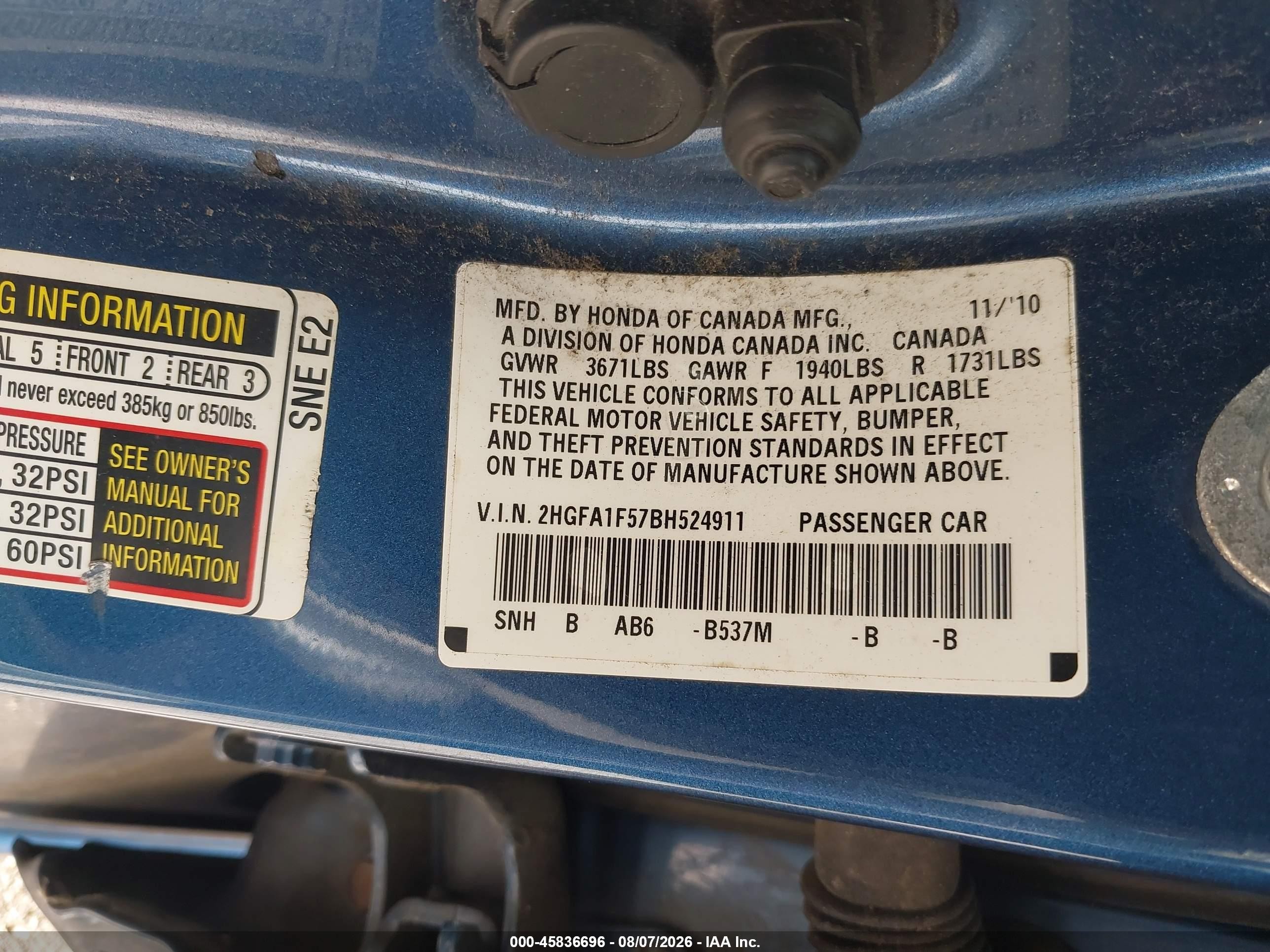 2011 Honda Civic Lx Blue vin: 2HGFA1F57BH524911