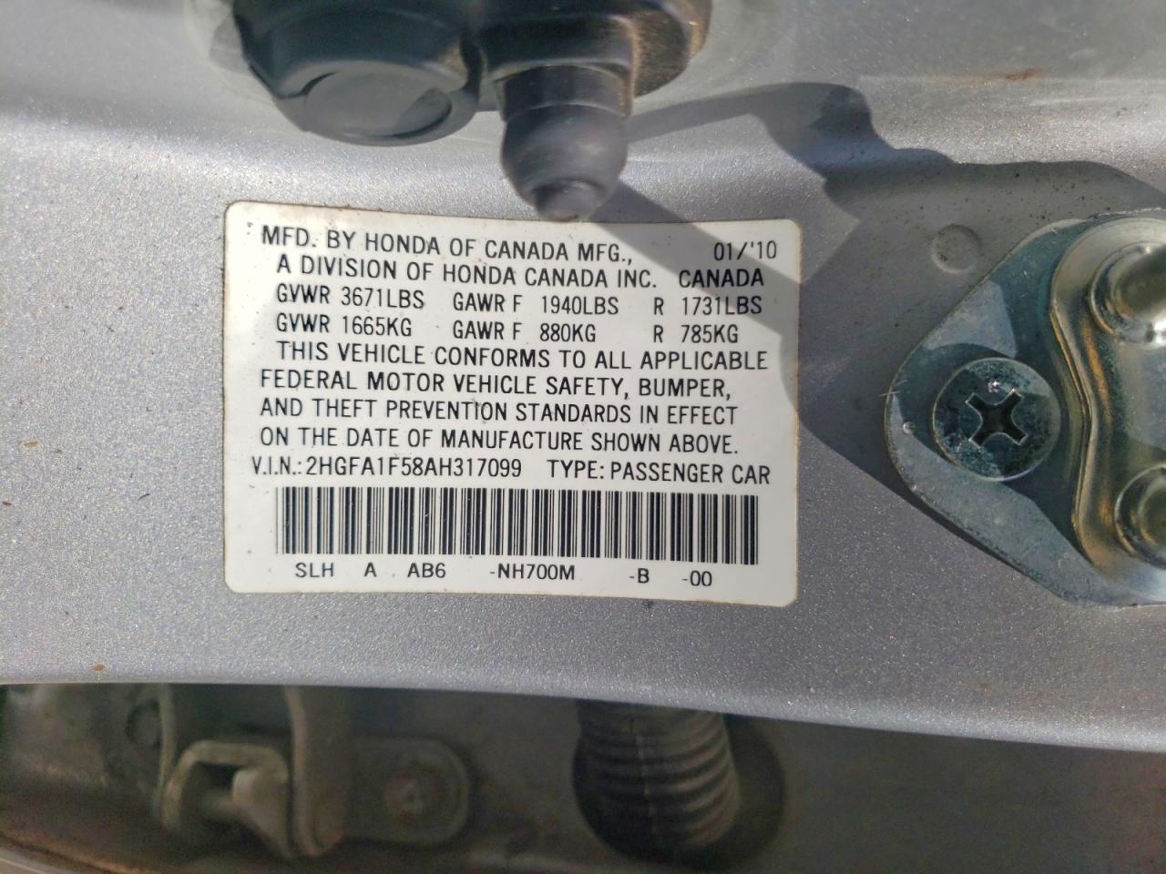 2010 Honda Civic Lx Серебряный vin: 2HGFA1F58AH317099