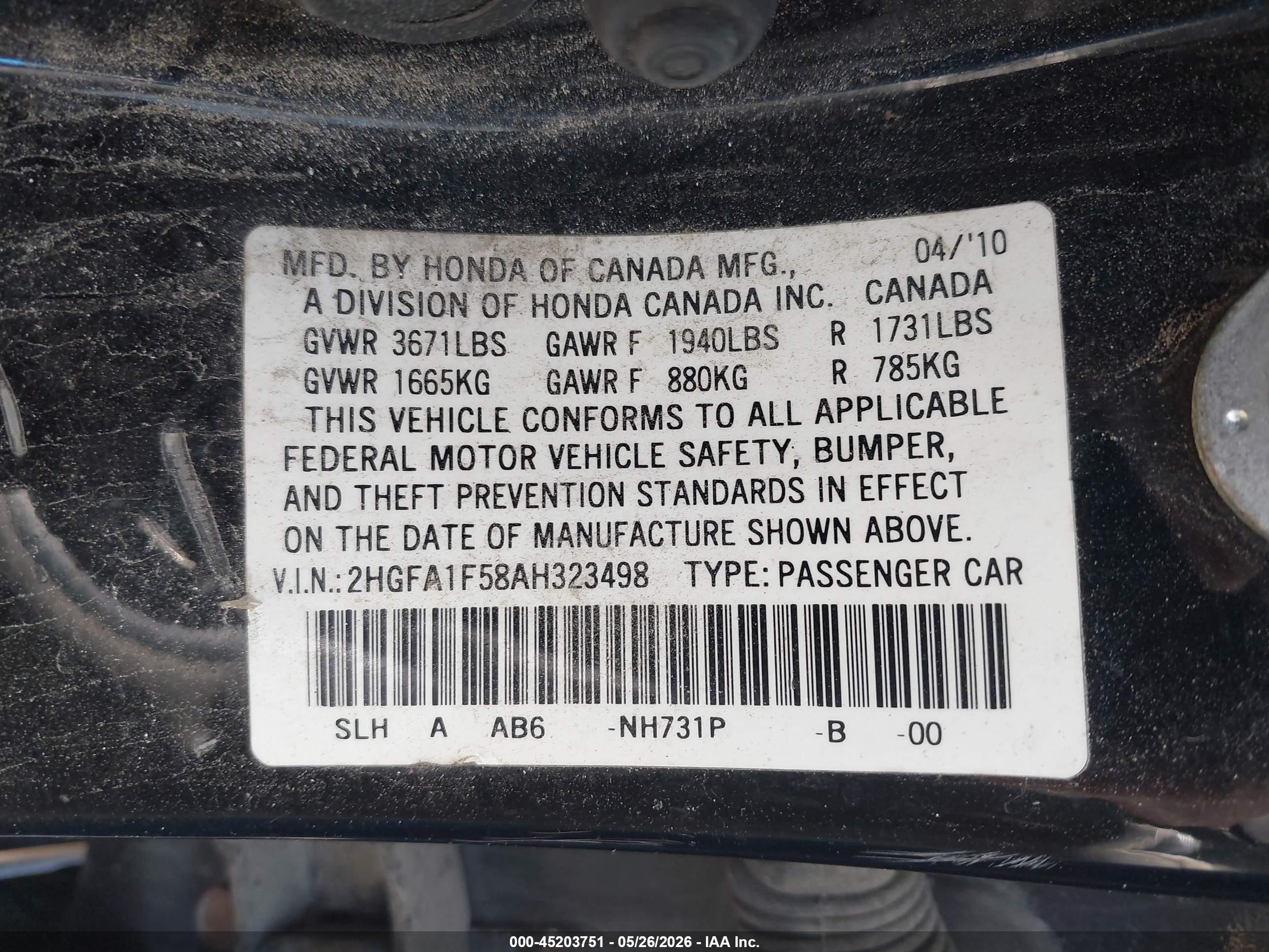 2010 Honda Civic Lx Black vin: 2HGFA1F58AH323498