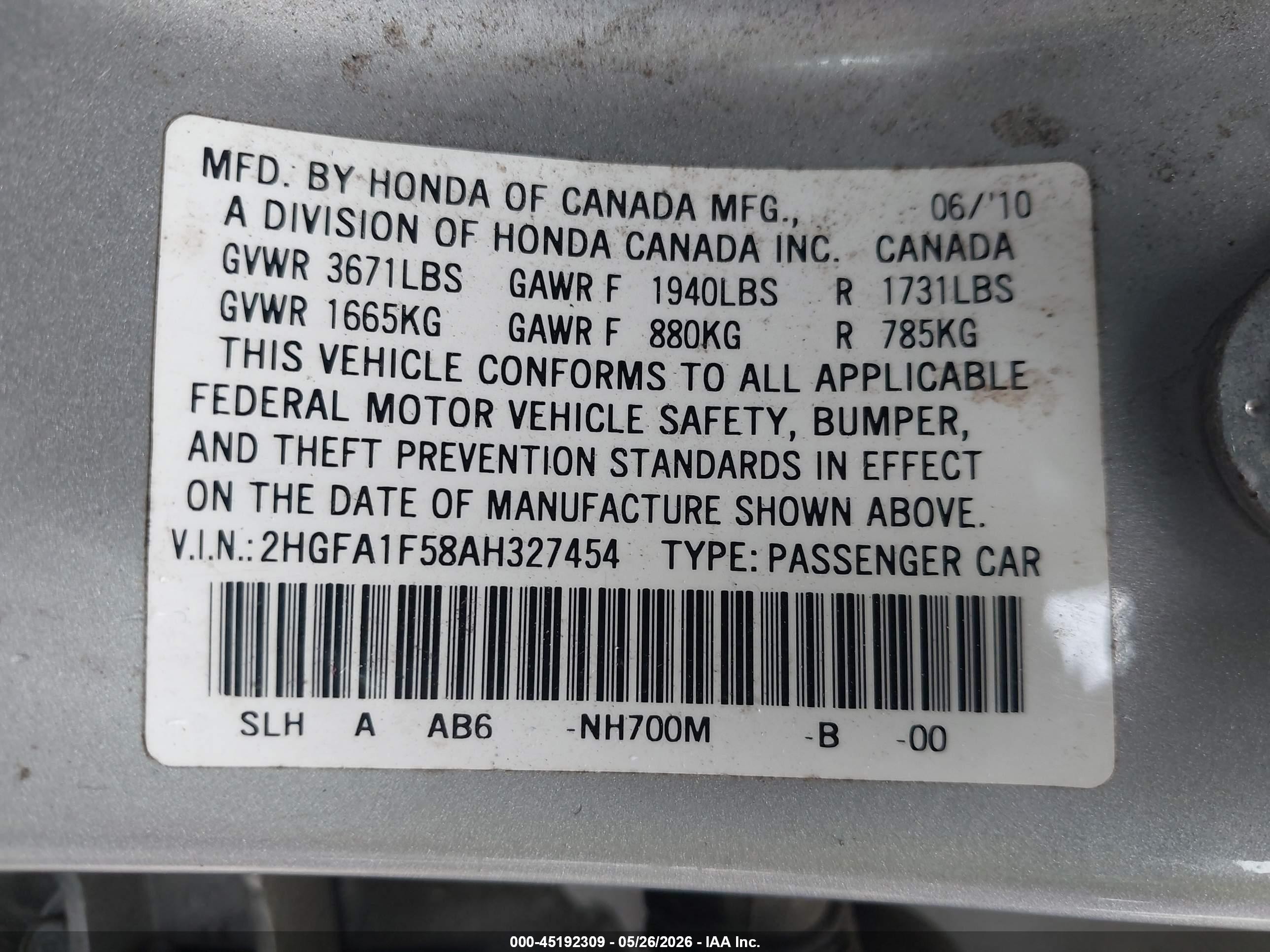 2010 Honda Civic Lx Серебряный vin: 2HGFA1F58AH327454